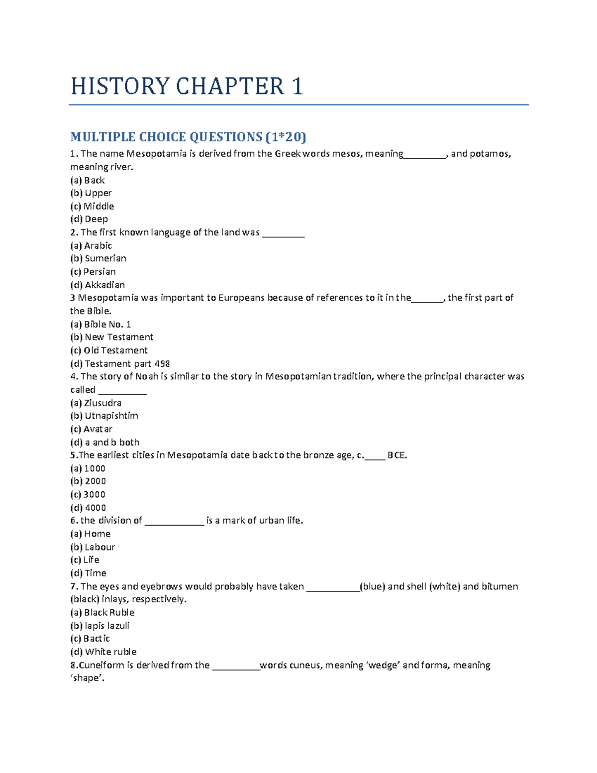 HISTORY CHAPTER 1: MULTIPLE CHOICE & SHORT ANSWER QUESTIONS - Studocu