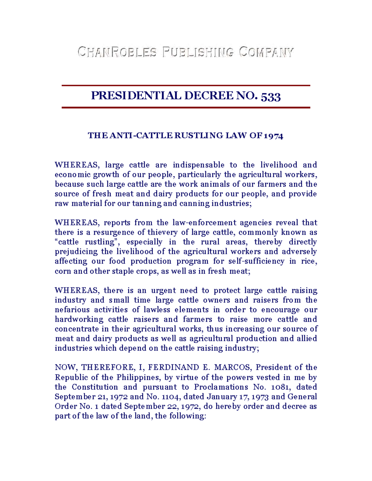 Presidential Decree No. 533: Anti-Cattle Rustling Law of 1974 - Studocu