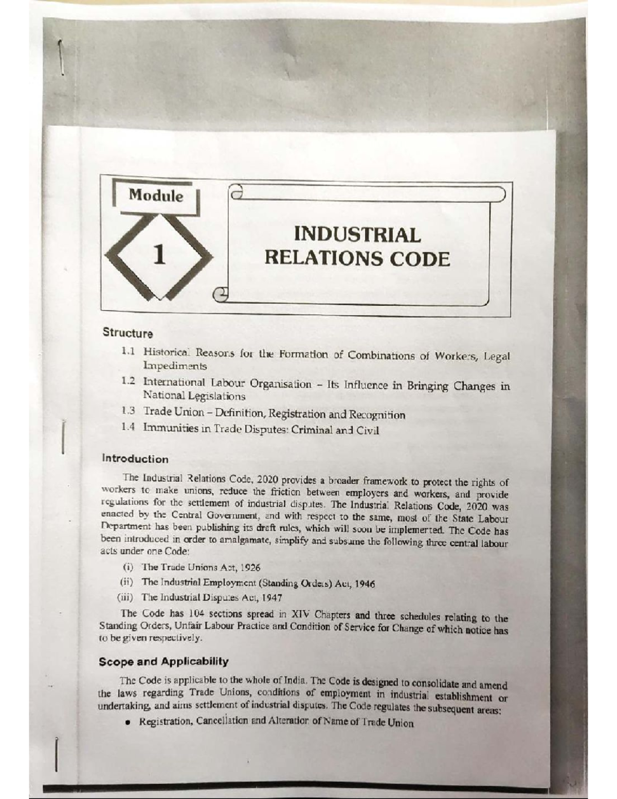 M-1-10: Overview of Industrial Relations Code and Trade Unions in India ...