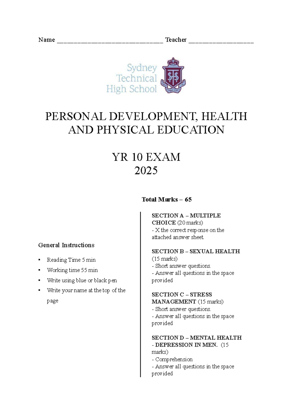 YR 10 Personal Development, Health & PE Exam 2025 - Total Marks 65 ...