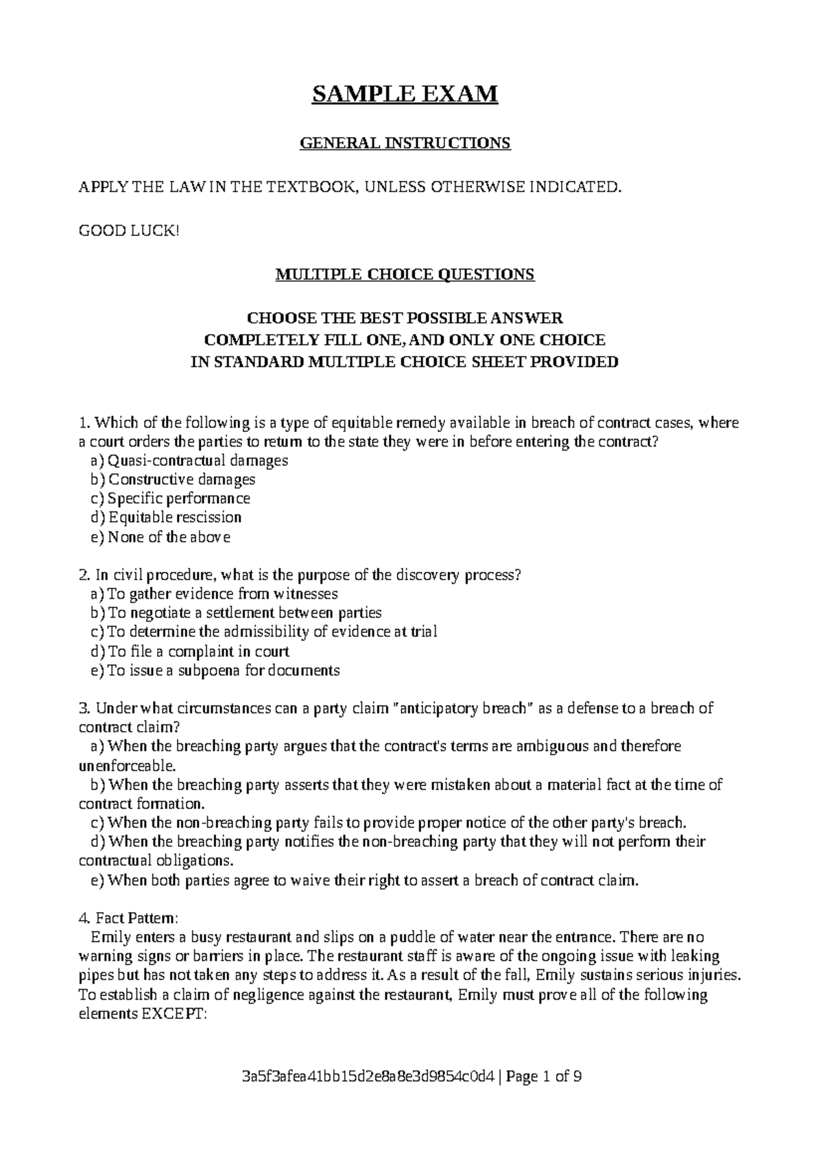 BL Final Exam Sample - Legal Principles and Multiple Choice Questions ...