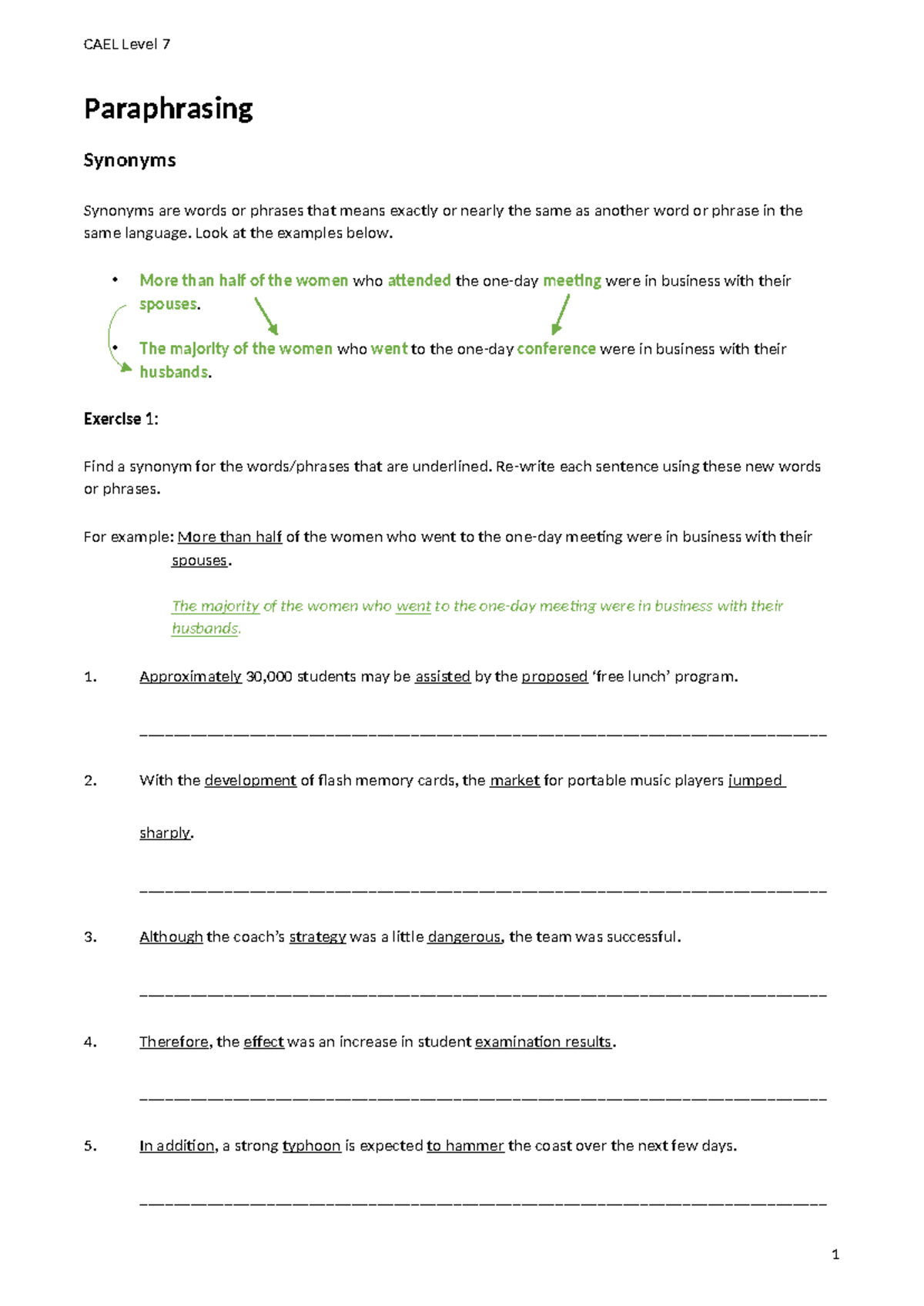 CAEL Level 7 Writing Test 1: Paraphrasing & Synonyms Exercises - Studocu