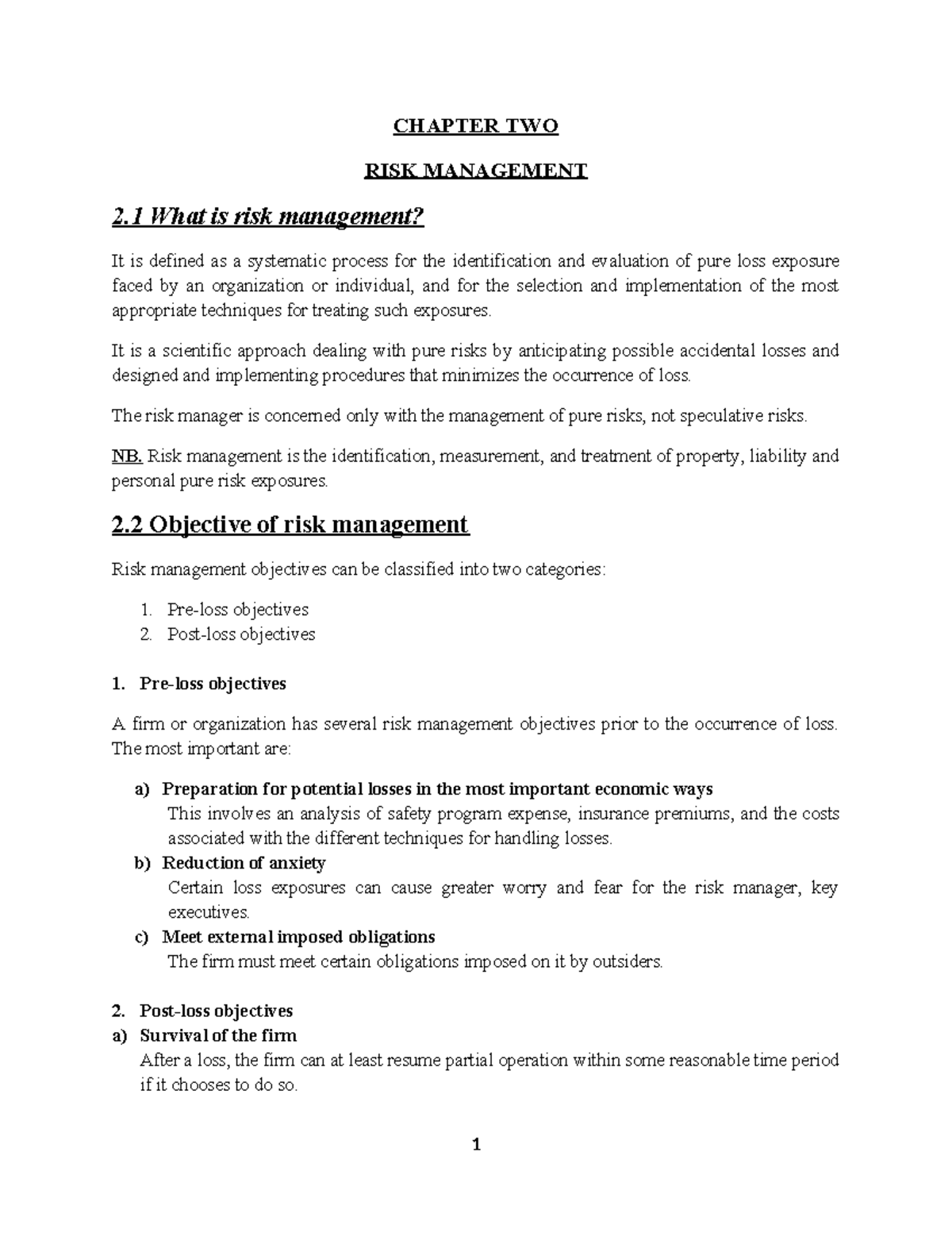 CHAPTER TWO - RISK MANAGEMENT: Concepts and Techniques - Studocu