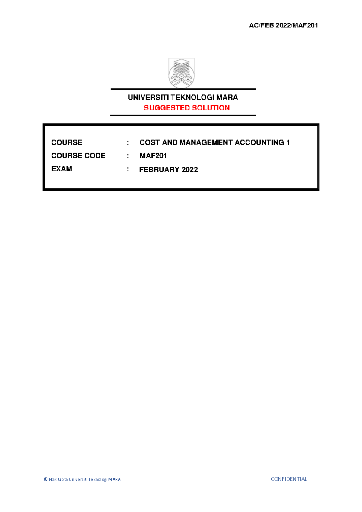 MAF201 FINAL EXAM SUGGESTED SOLUTIONS - COST & MANAGEMENT ACCOUNTING ...
