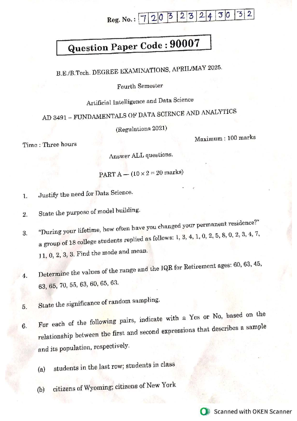 FDSA AD 3491 Final Exam Question Paper - Apr/May 2025 - Document Preview