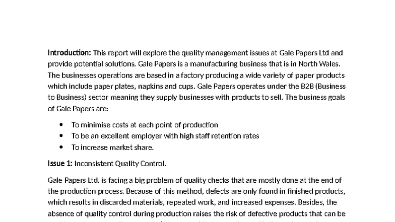 Gale Papers Ltd. Quality Management Report: Issues & Solutions - Studocu