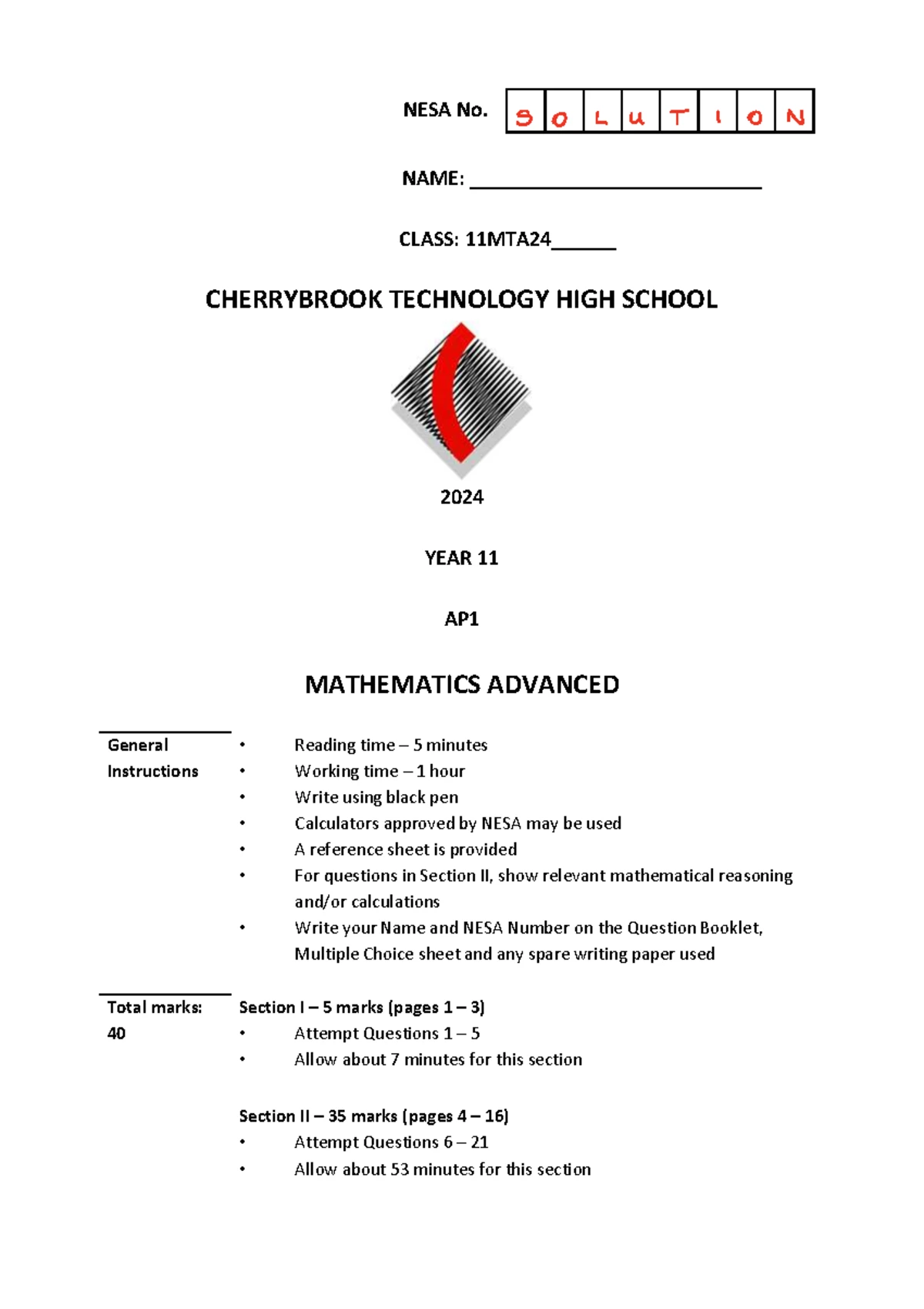 2023 Yr 11 Mathematic Standard AP1 Exam Paper for Class 11MTS - Studocu