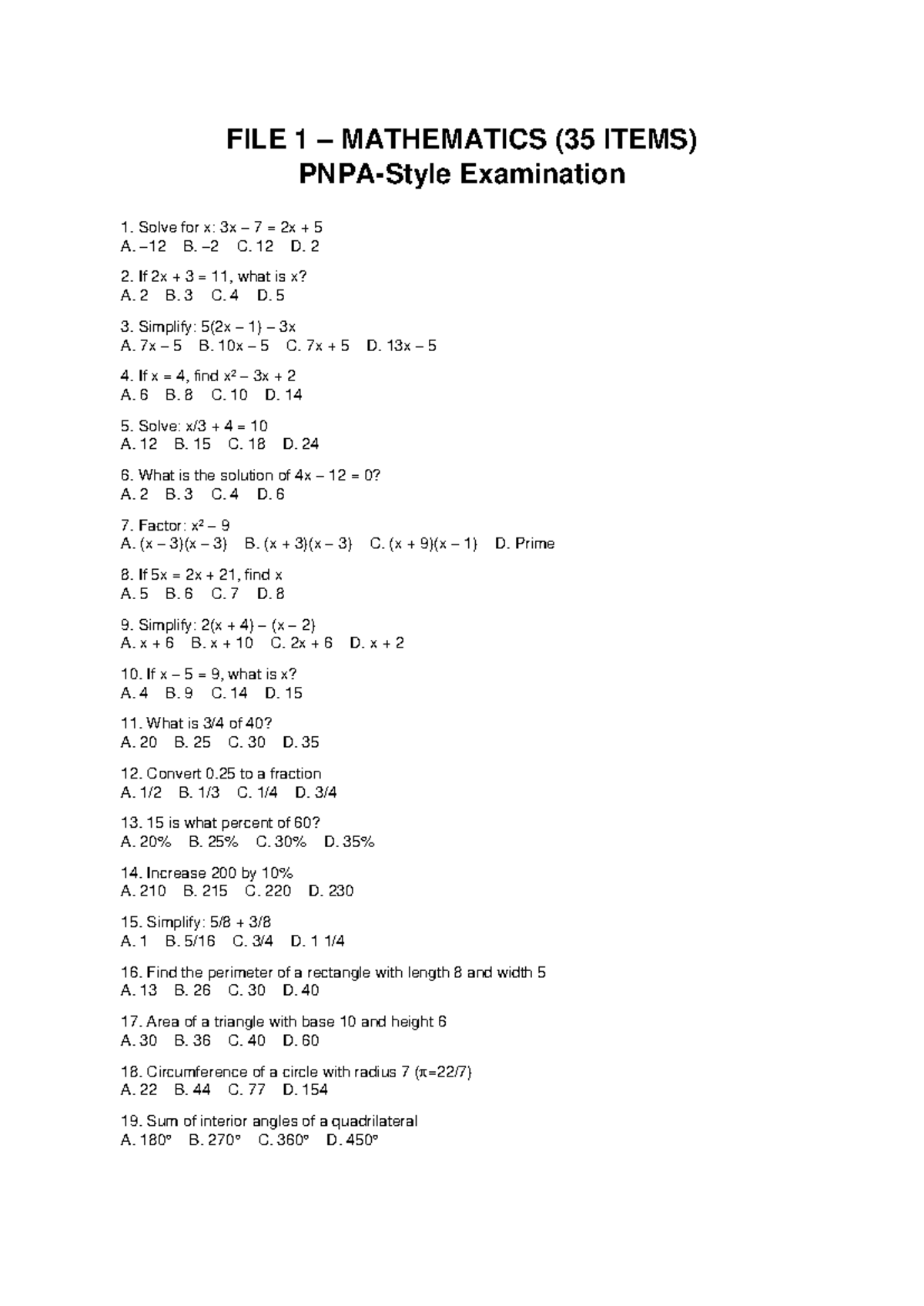 PNPA Mathematics Exam 1: 35 Item Questions and Solutions - Studocu
