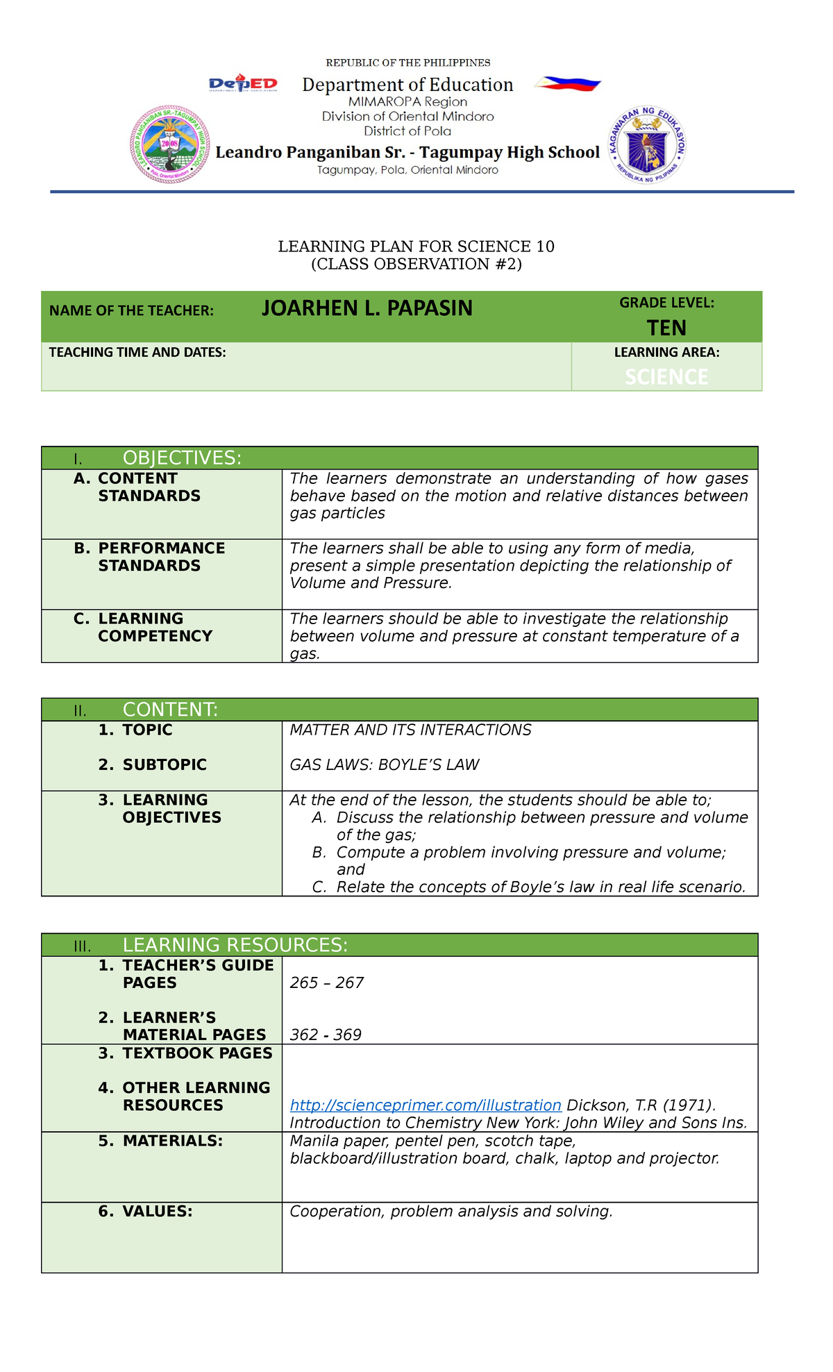 Learning Plan for Science 10: Exploring Gas Laws and Boyle's Law - Studocu