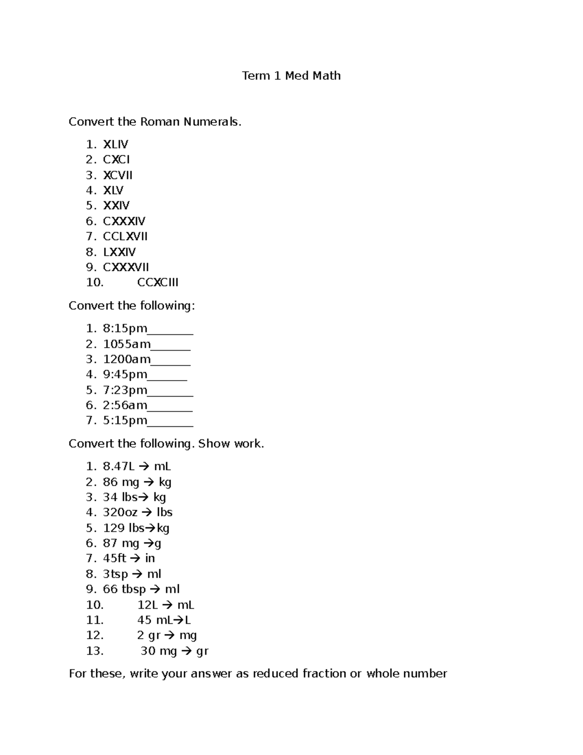 T1 MM - Roman Numerals & Medication Math Conversions - Studocu