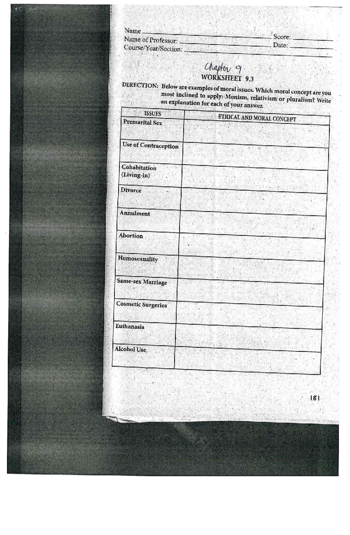 Chapter 9 & 10 Ethics: Moral Issues Worksheet (Final Exam) - Studocu
