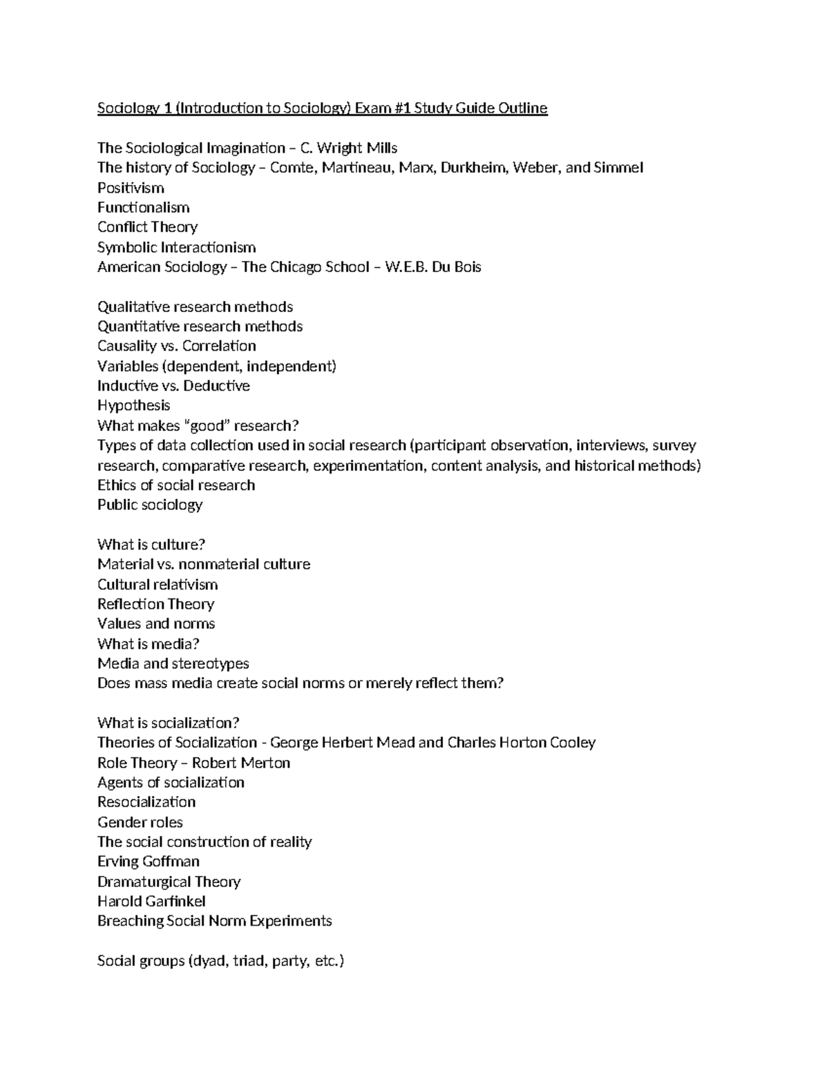 Sociology 1 (Intro to Sociology) Exam #1 Study Guide Outline - Studocu