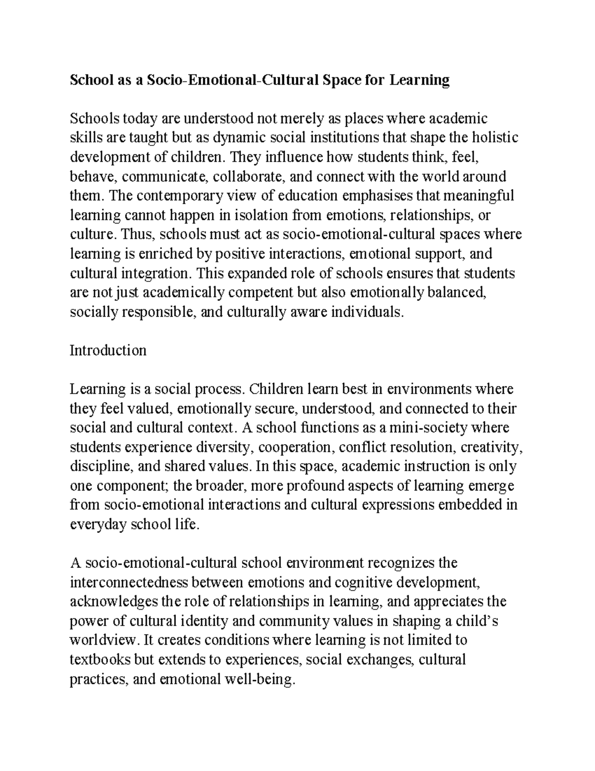 School as a Dynamic Learning Space: Holistic Development Insights - Studocu