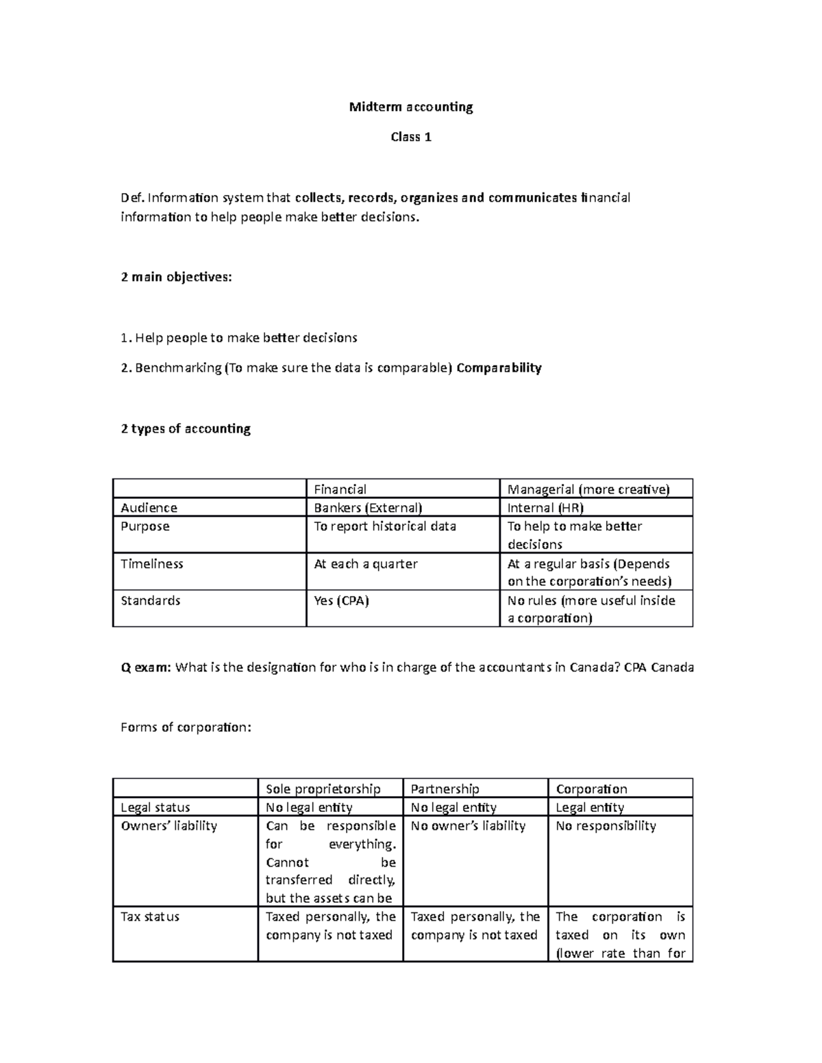 Midterm Exam Notes for Accounting 101 - Full Course Material Overview ...