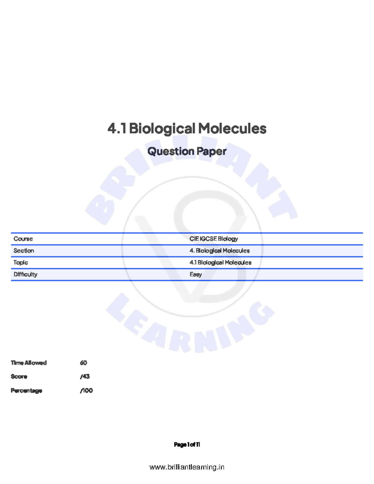 4.1 Biological Molecules Question Paper CIE IGCSE Biology - Easy - Studocu