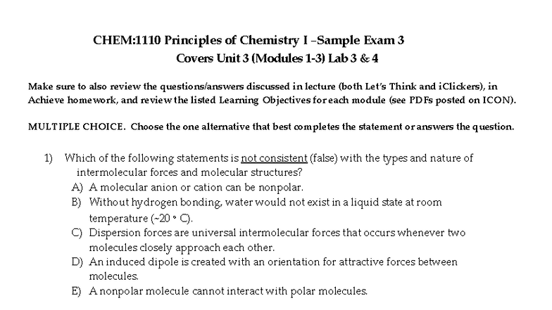 Chem 1110 Principles of Chemistry I Exam 3 Practice - Fall 2024 - Studocu