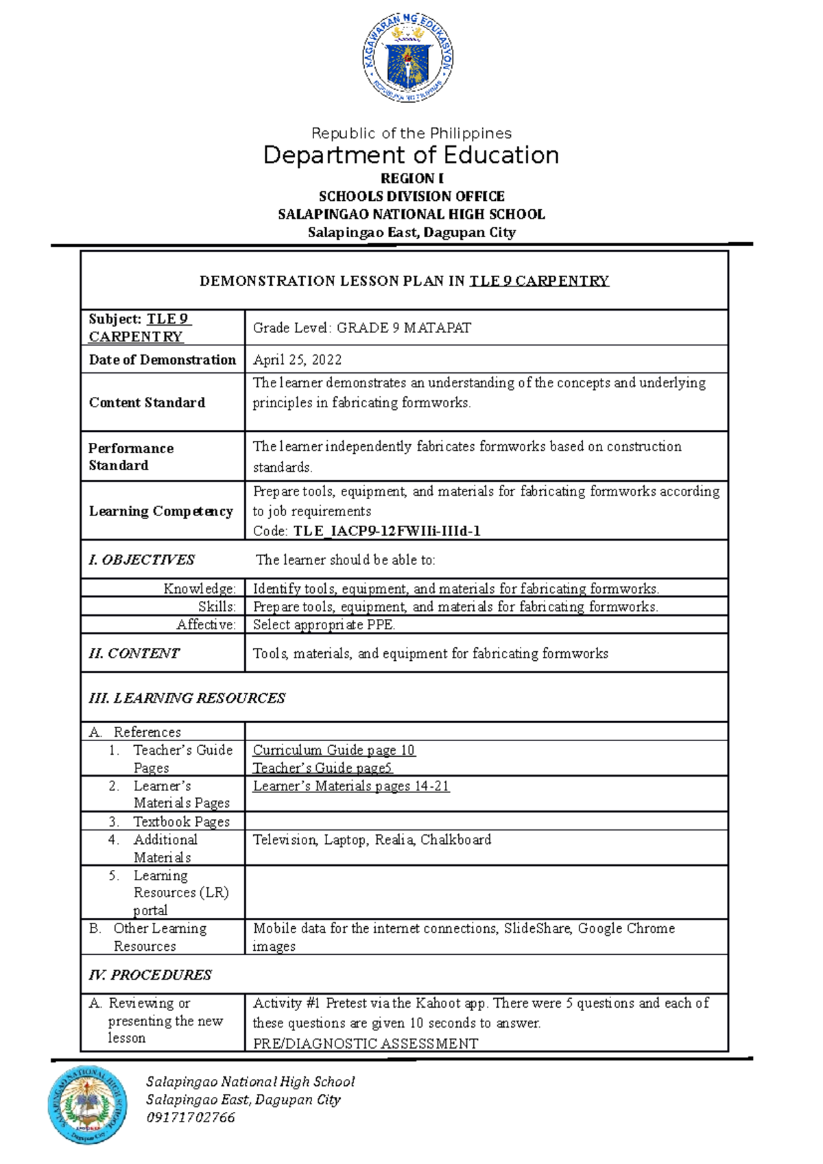 COT-DLP-tle CARP 9 - A sample Lesson Plan for TLE Carpentry 9 ...
