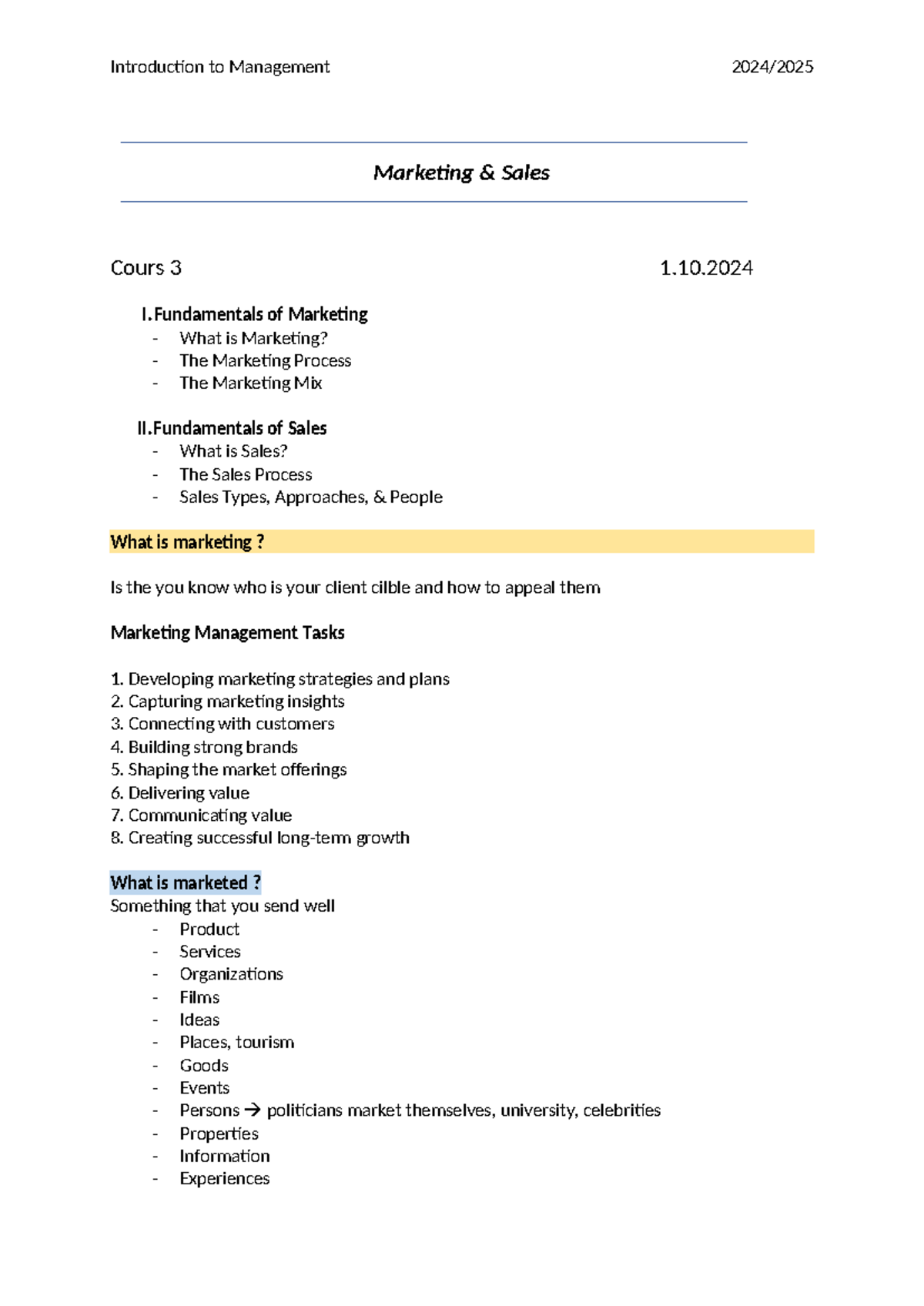 Cours 3 - Introduction to Management: Marketing & Sales Fundamentals ...