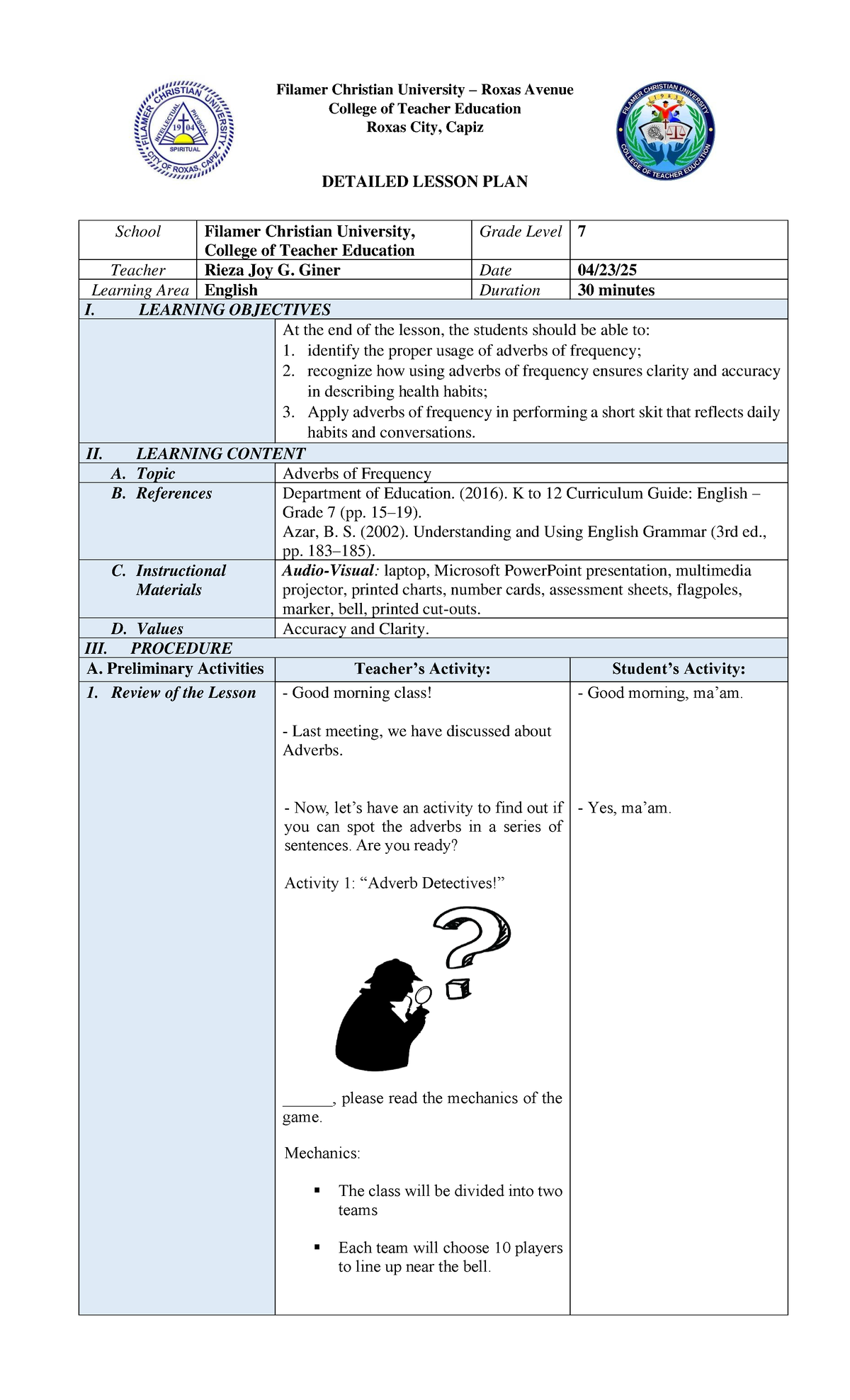 Detailed Lesson Plan on Adverbs of Frequency for Grade 7 English (CTE ...