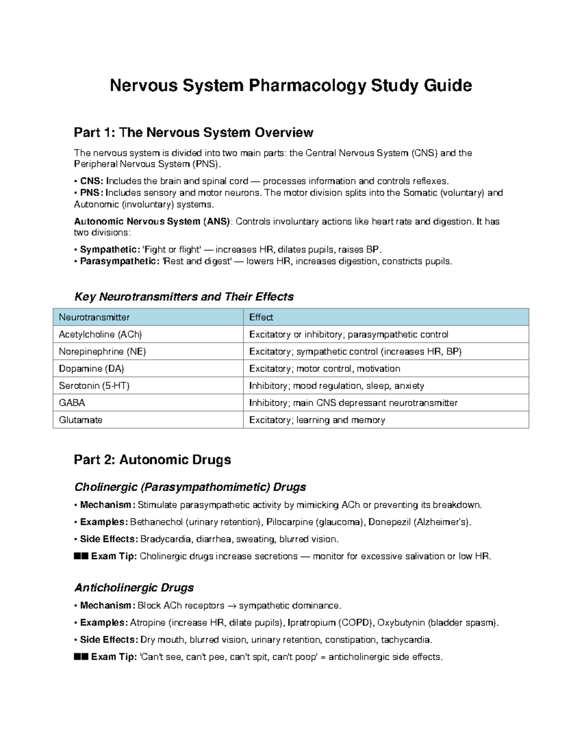 Nervous System Pharmacology Study Guide: Overview & Key Drugs - Studocu