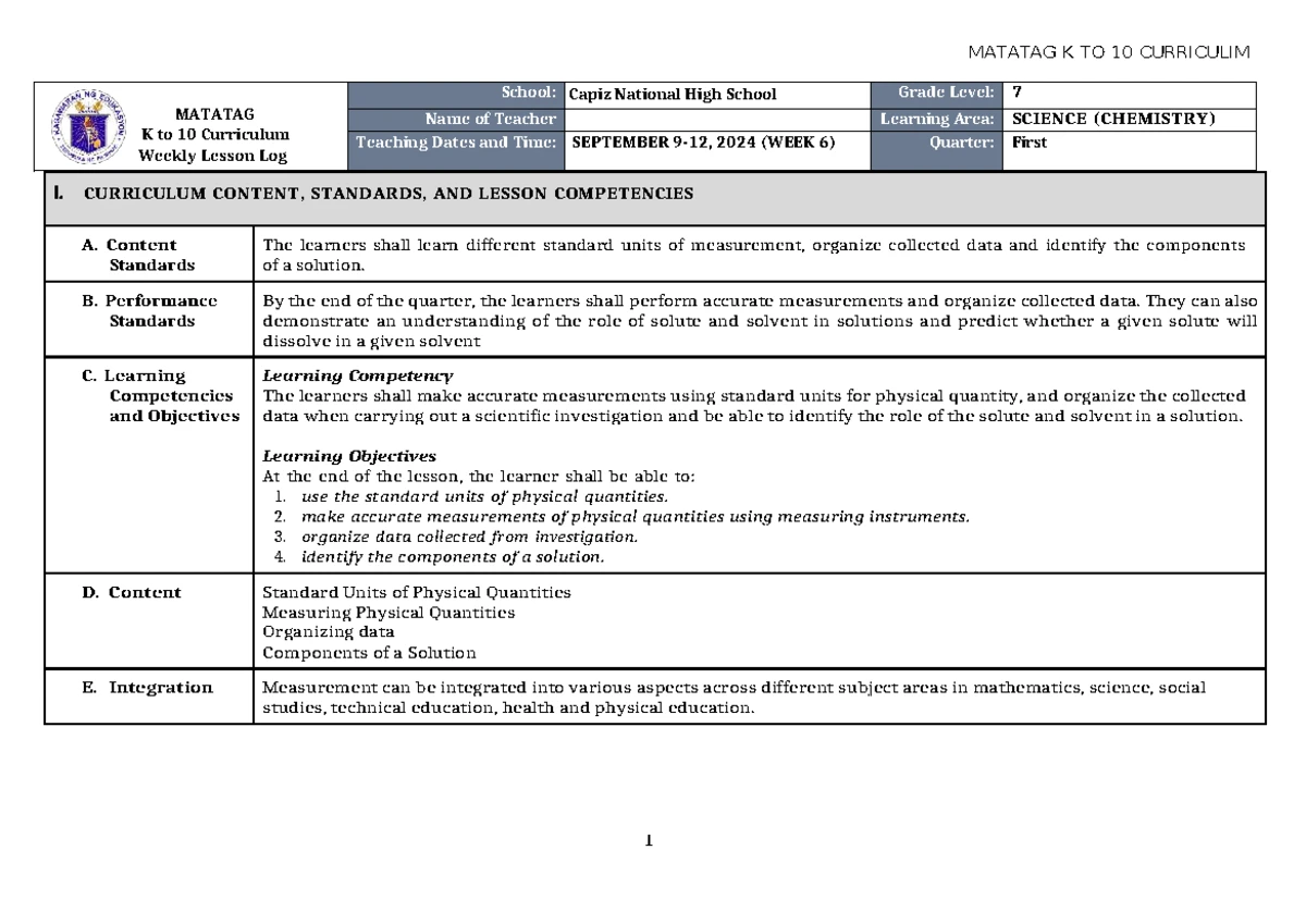 DLL Matatag Science 7 Q1 Week 4 Lesson Log - Studocu