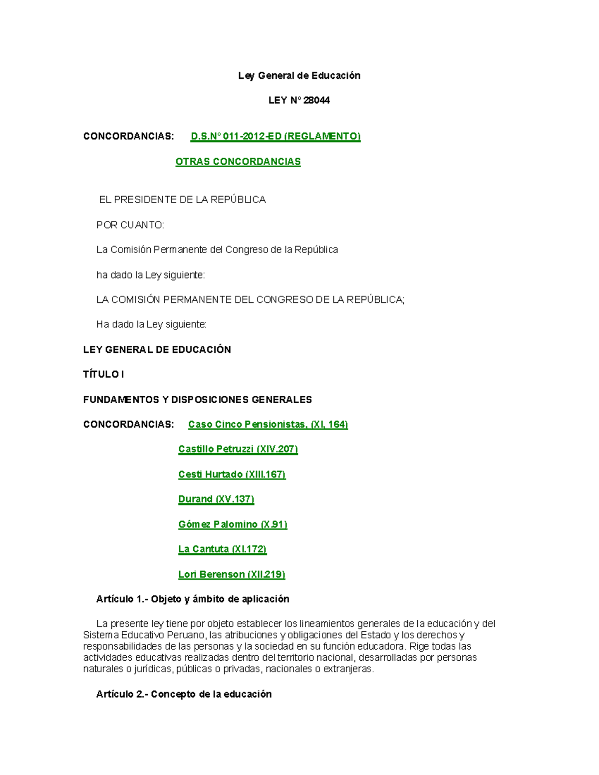 Ley General de Educación LEY Nº 28044: Fundamentos y Disposiciones ...