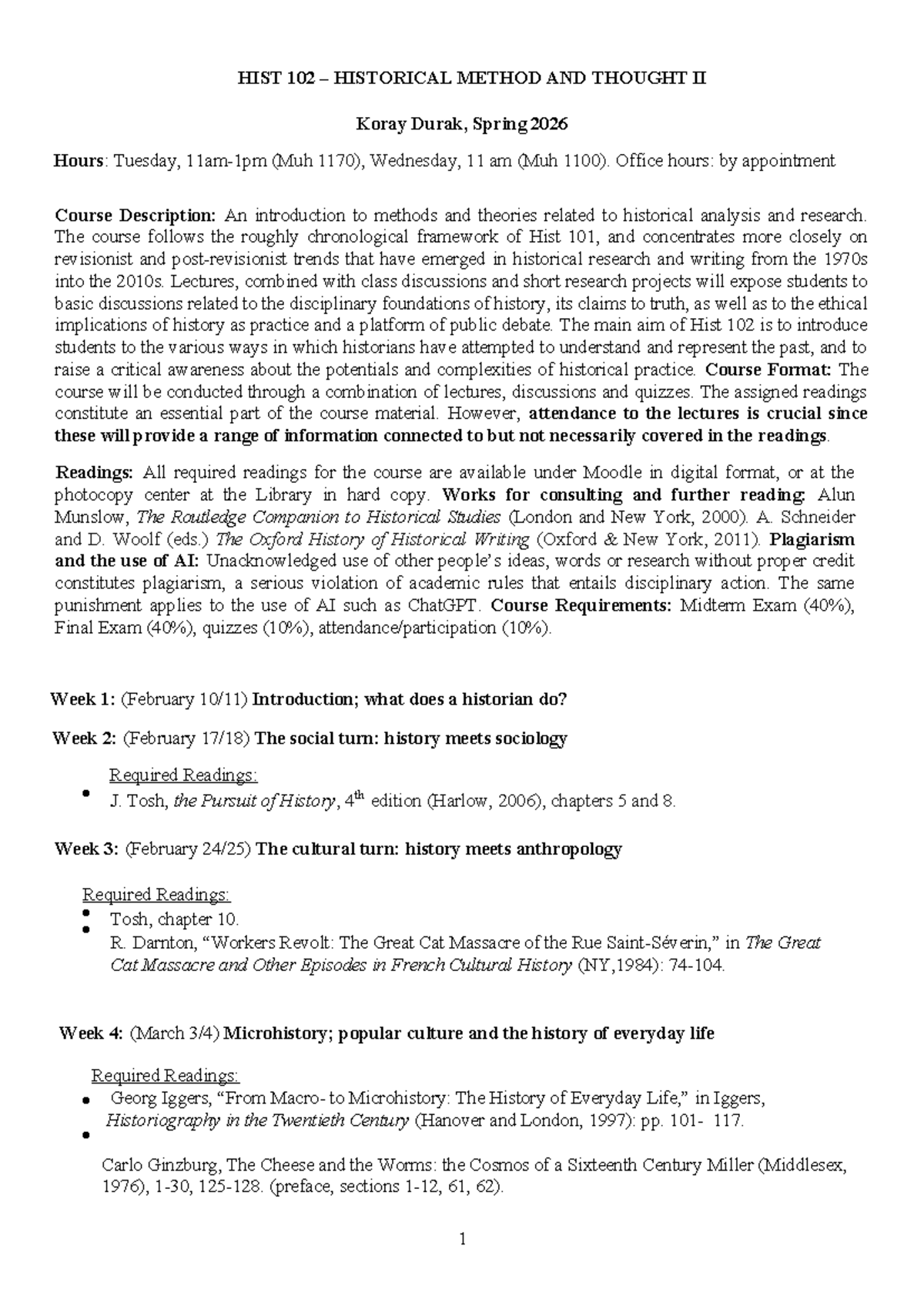 HIST 102 Syllabus: Historical Method & Thought II - Spring 2026 - Studocu