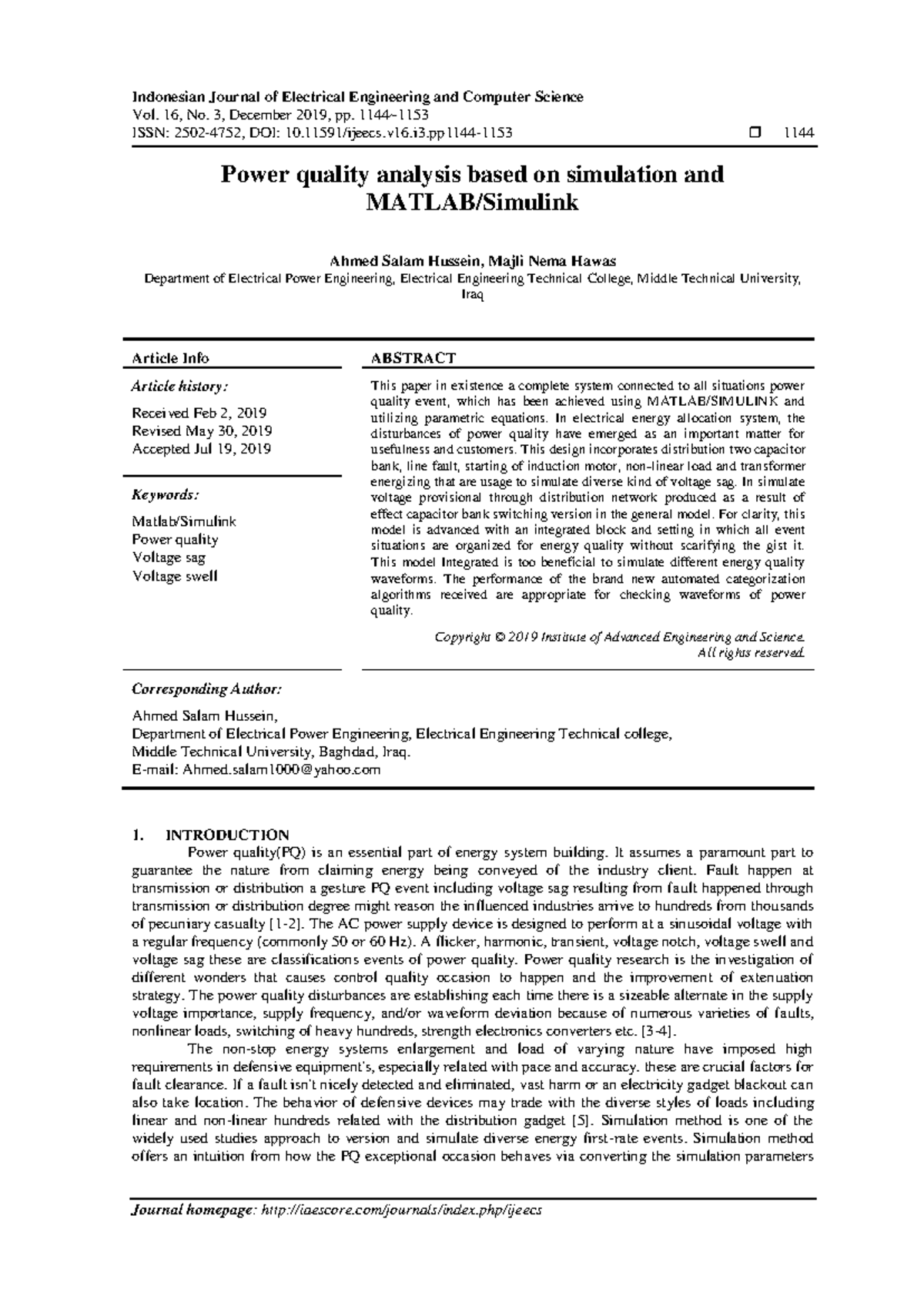 Power quality analysis based on simulation and MAT - Indonesian Journal ...