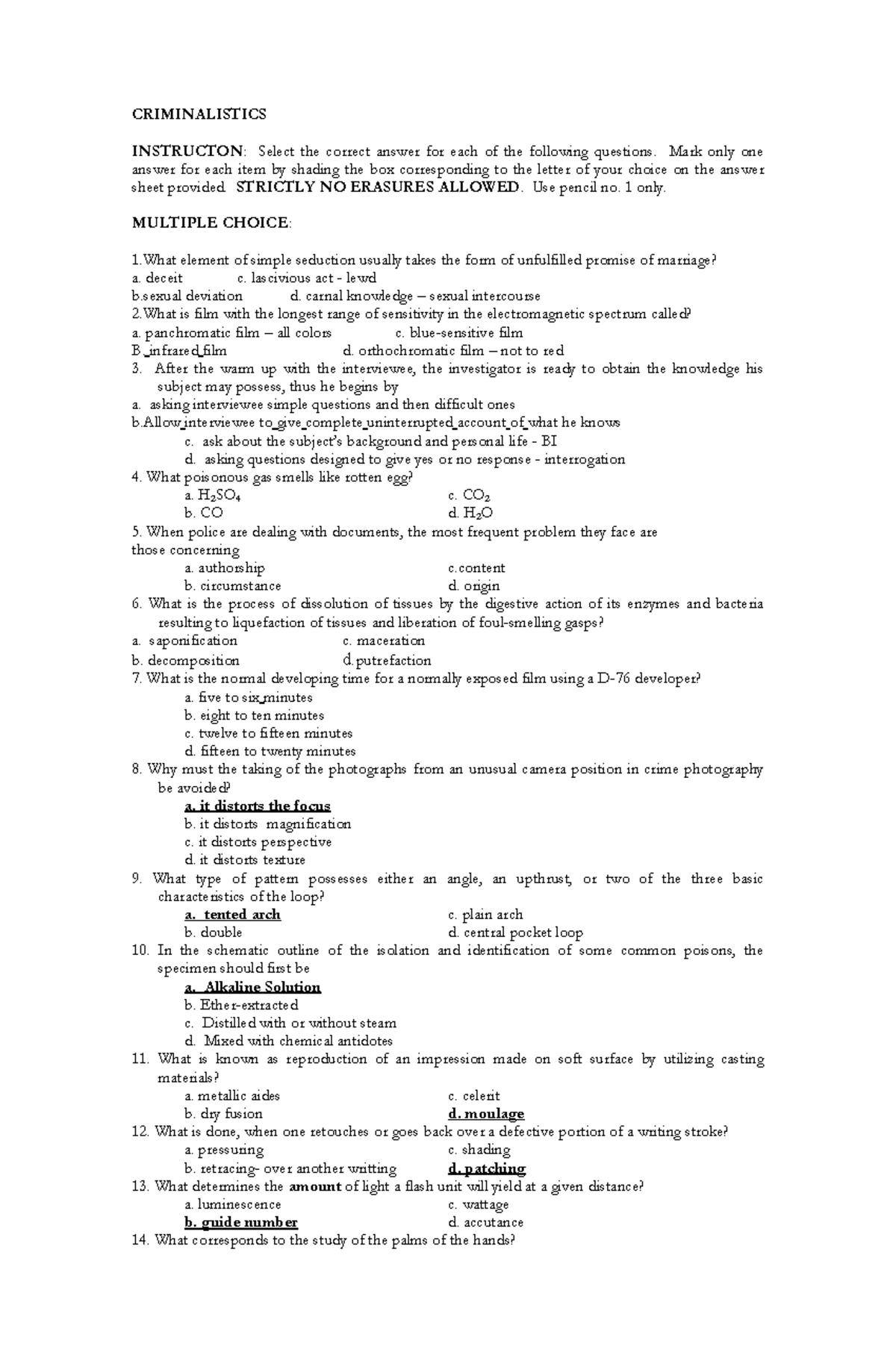 CRIMINALISTICS 101: Multiple Choice Questions & Answer Key - Studocu