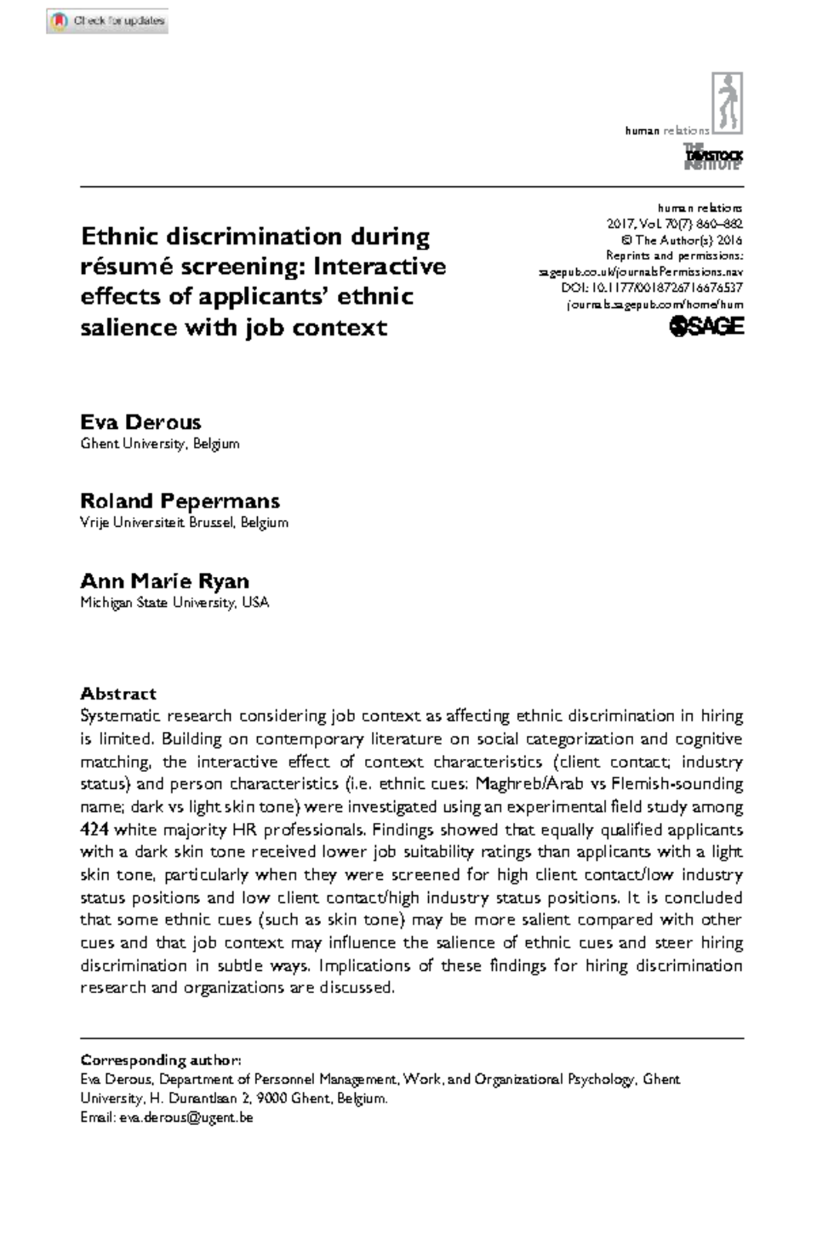Ethnic Discrimination in Hiring: Insights from Derous et al. 2016 Study ...