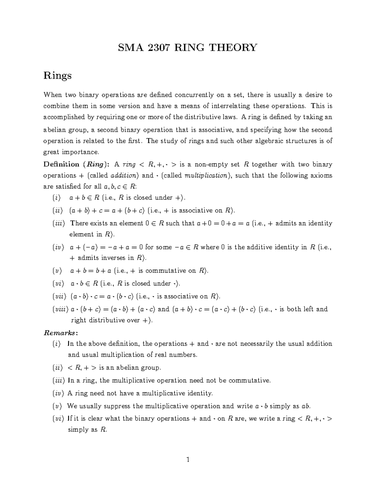 SMA 2307 Ring Theory Notes 1 - SMA 2307 RING THEORY Rings When two ...