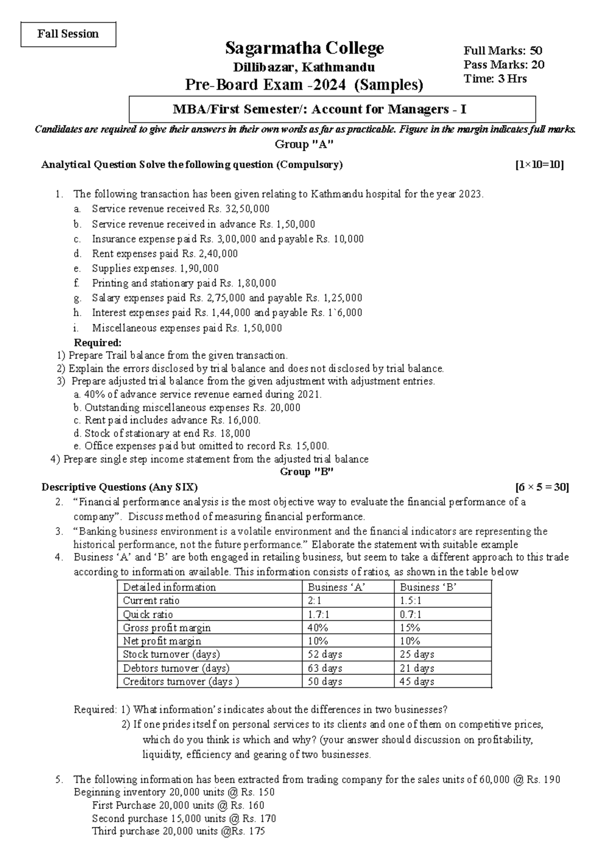 MBA/1st Sem: Pre-Board Exam Sample - Account for Managers I - Studocu
