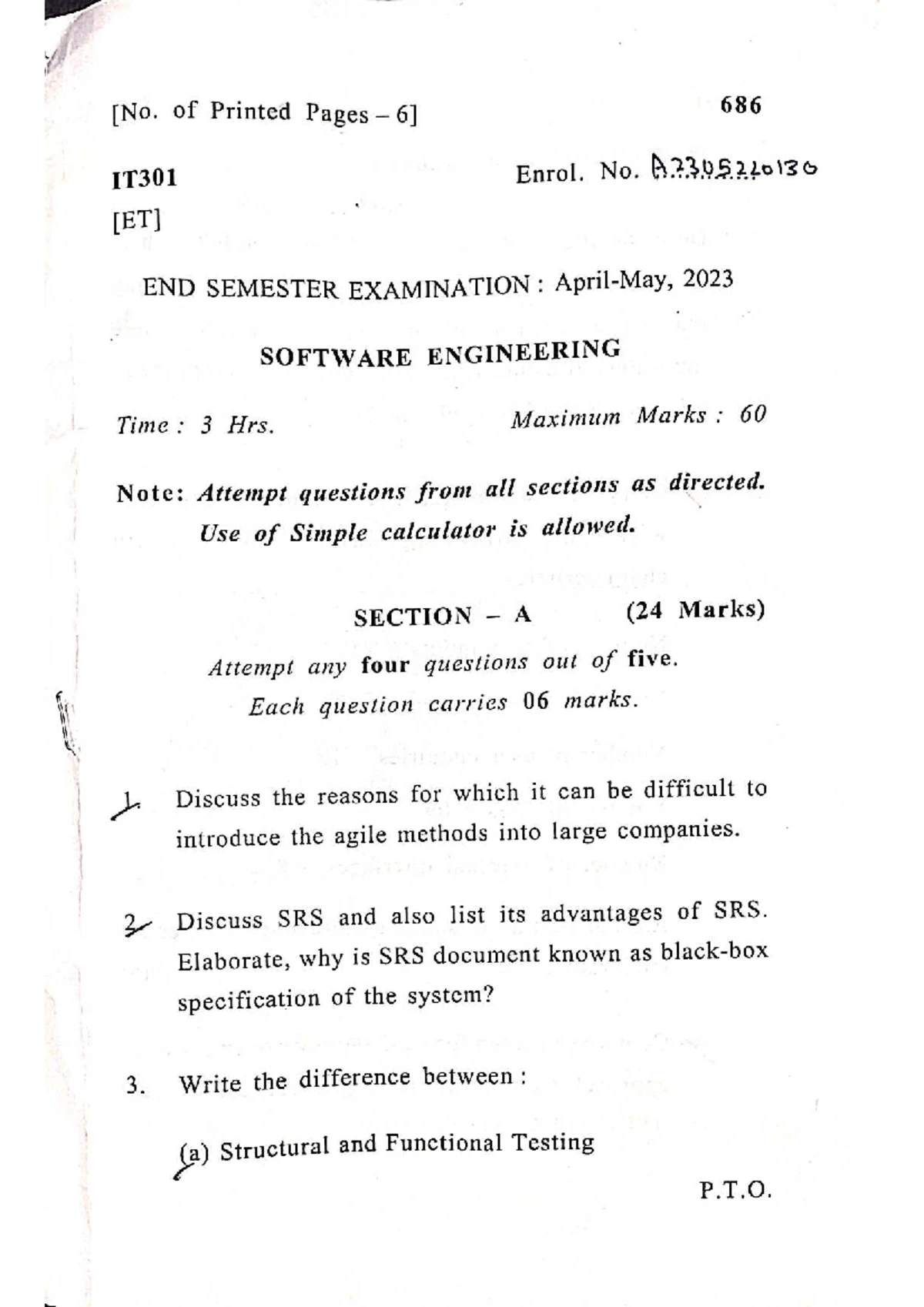 SE301 End Sem Exam 2022 - Software Engineering Question Paper - Studocu