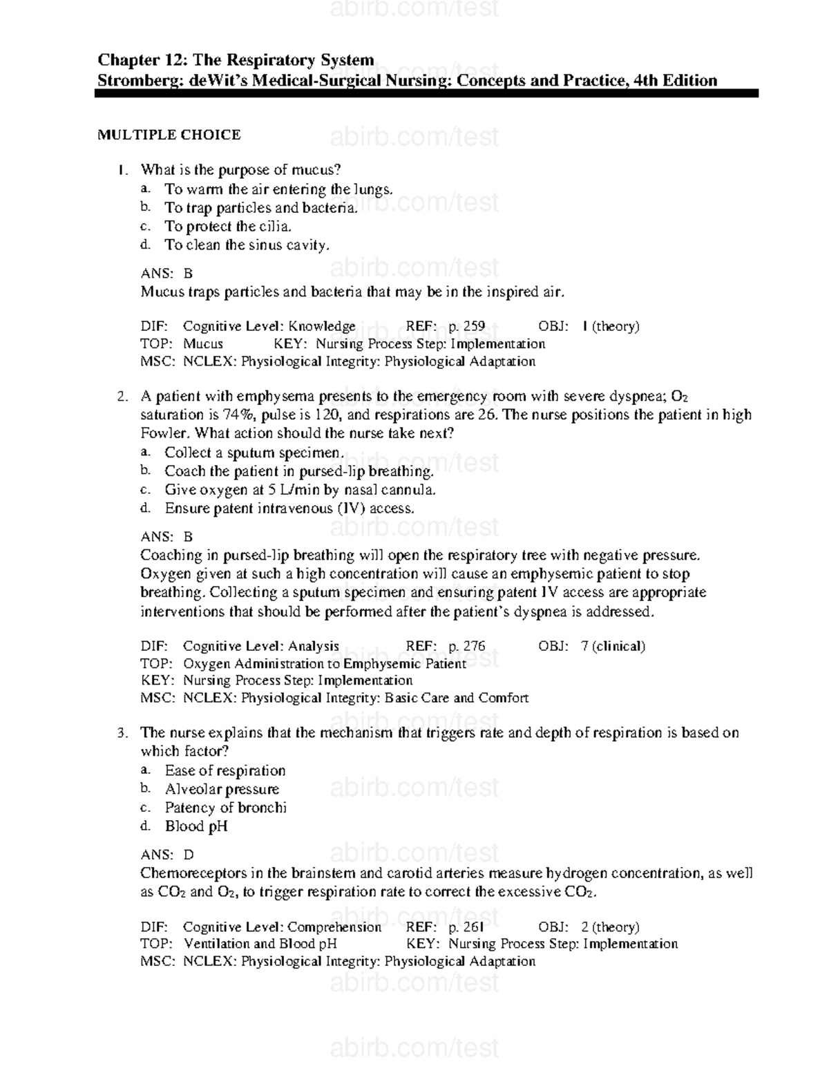 Chapter 12 Study Guide: Understanding the Respiratory System (BNC ...
