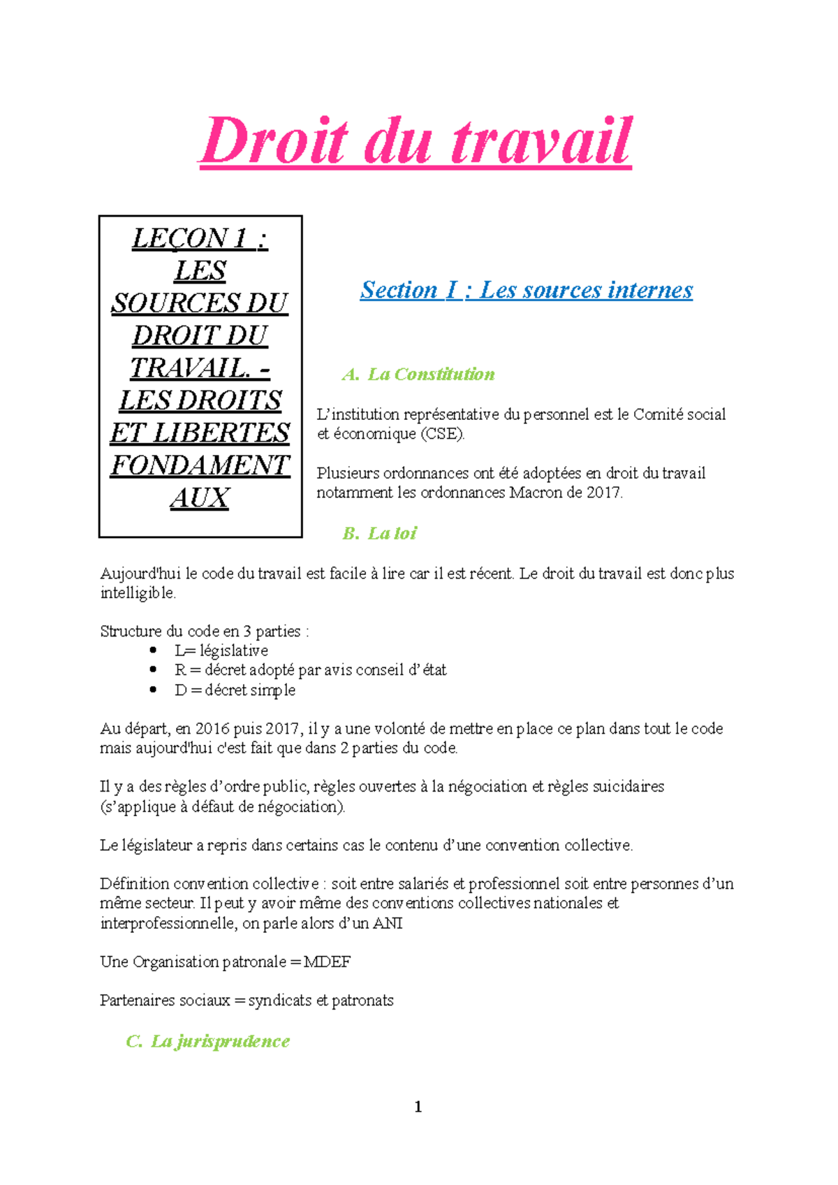 Notes de cours de droit du travail - Droit du travail Section I : Les ...