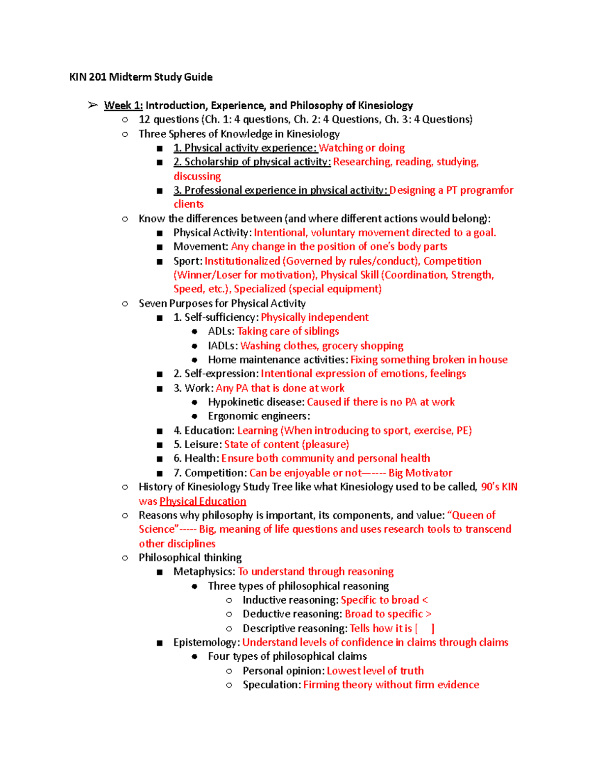 KIN 201 Midterm Study Guide: Key Concepts in Kinesiology and Careers ...