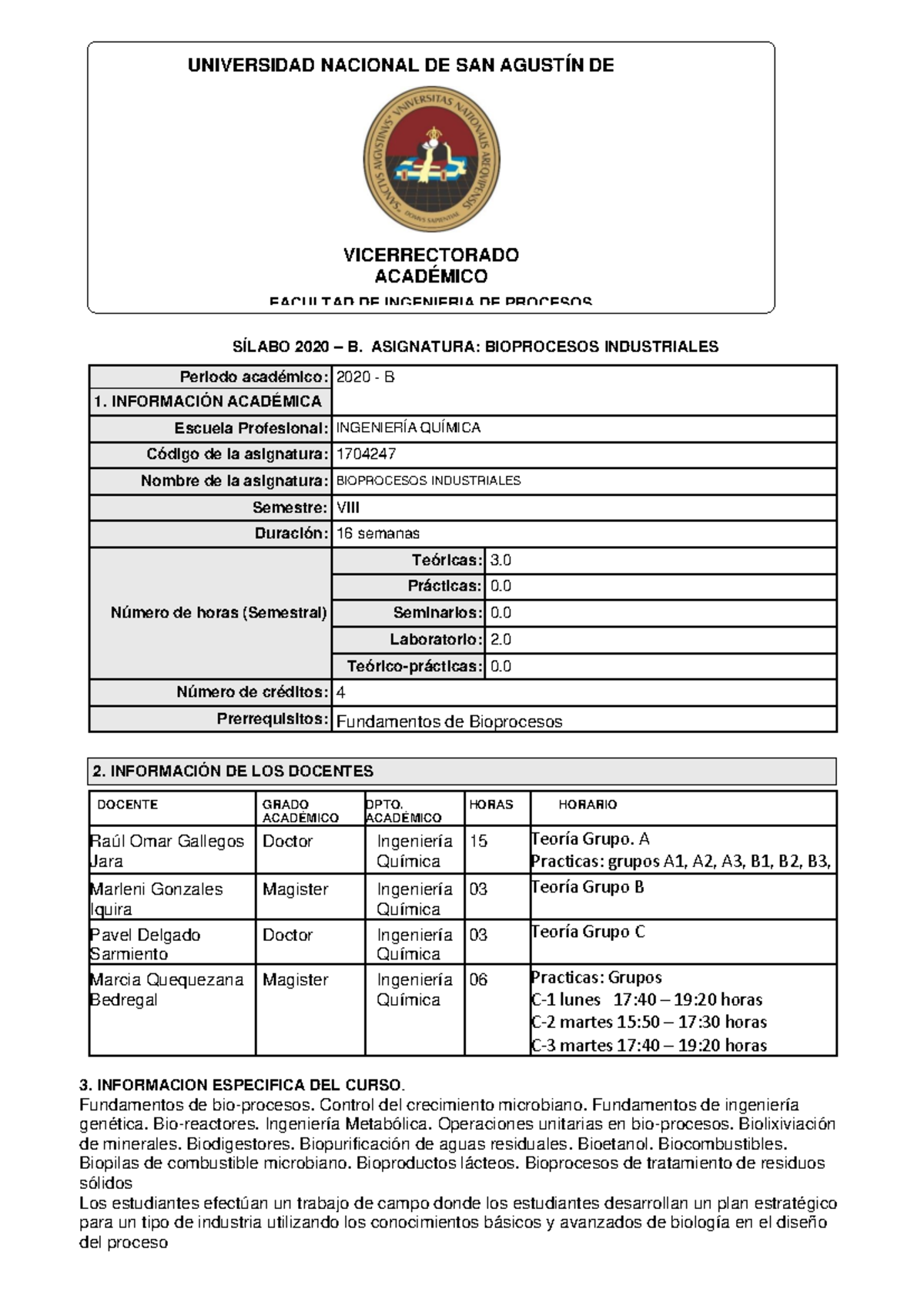 Sílabos 2020 - Bioprocesos Industriales (Código: 1704247) - Document Preview