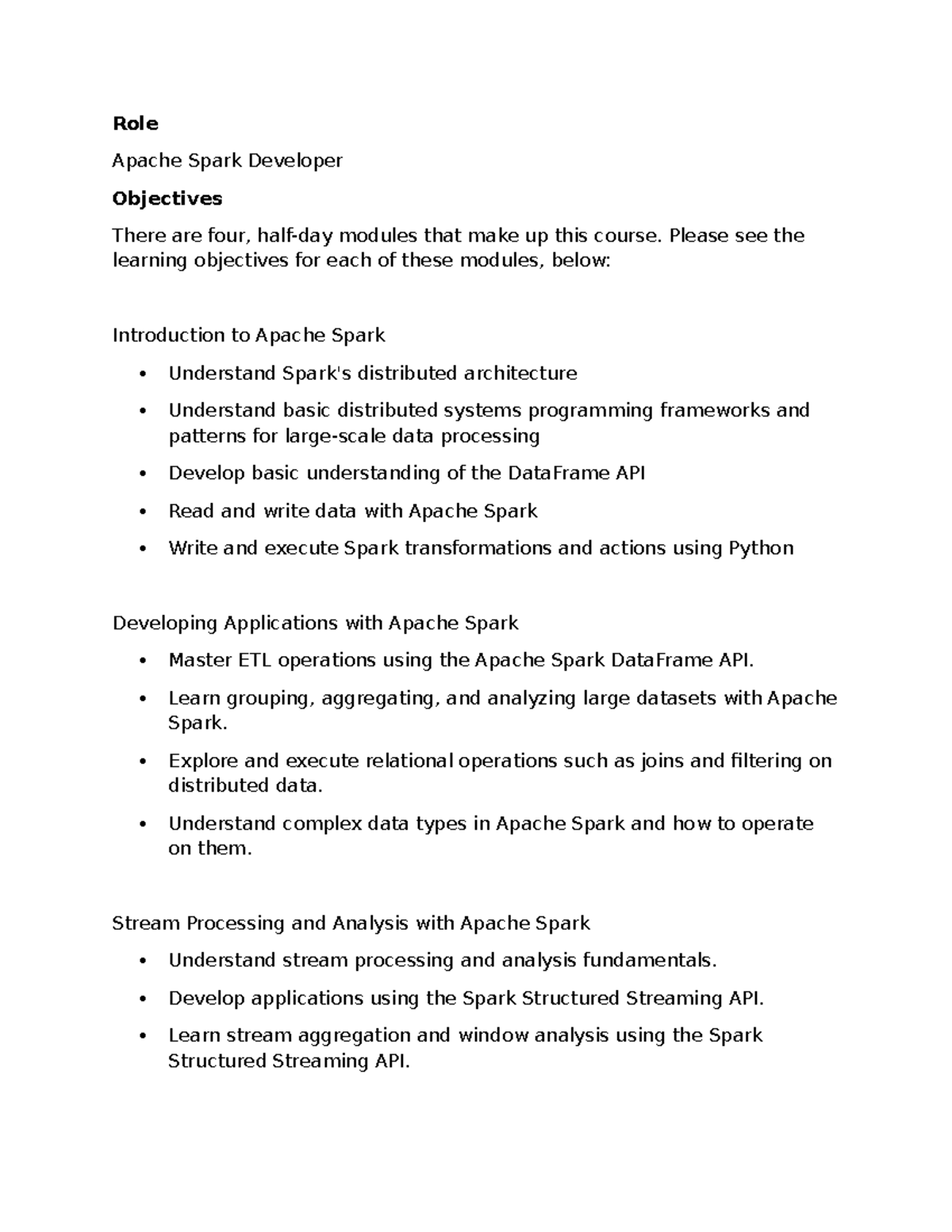 Apache Spark Developer Course Objectives and Overview - Studocu