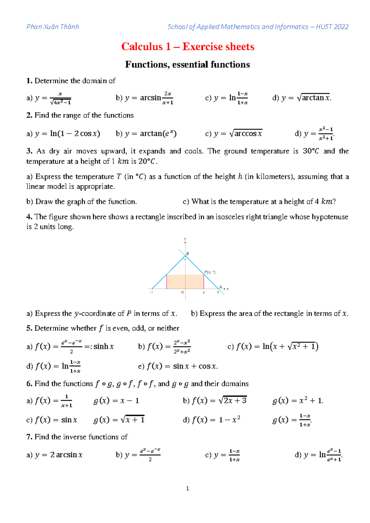Exercise Calculus 1 2022 - Calculus 1 – Exercise sheets Functions ...