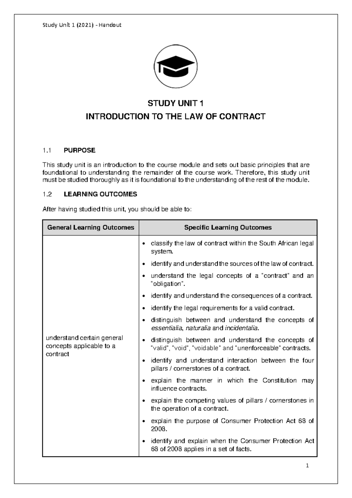 Unit 1 - Introduction to the Law of Contract (Handout) - STUDY UNIT 1 ...