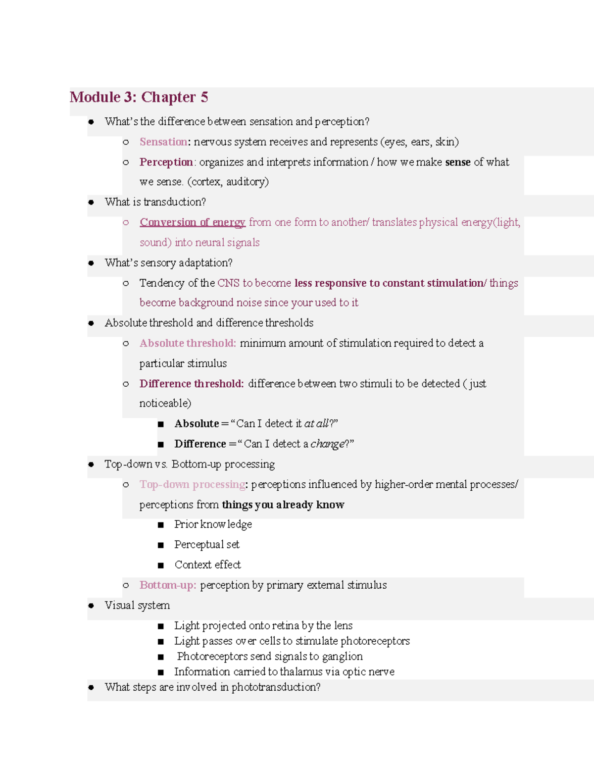 PSYCH 101: Module 3 Review on Sensation & Perception Concepts - Studocu