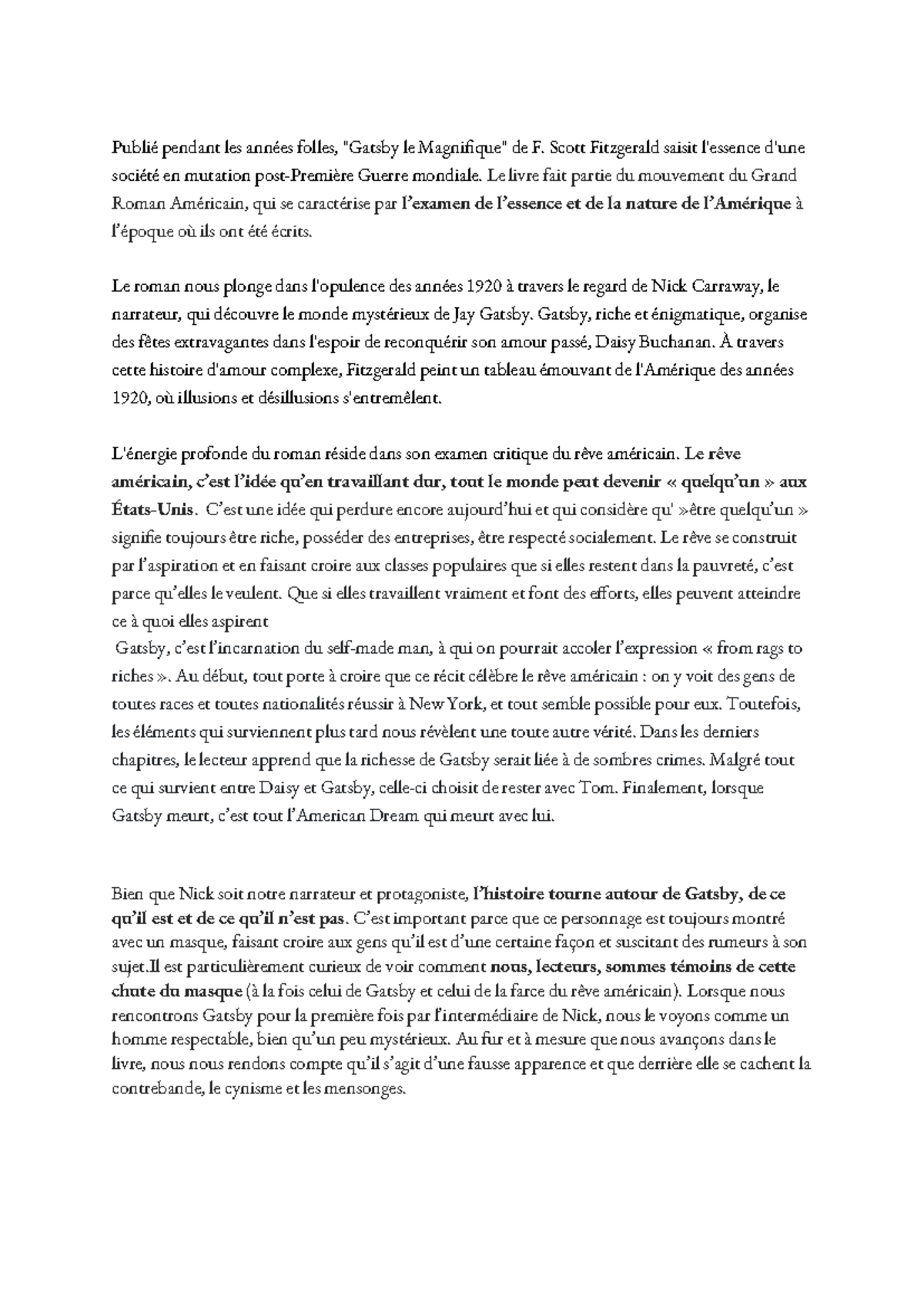 Gatsby le Magnifique - Entretien Oral Bac de Français 2023 - Studocu
