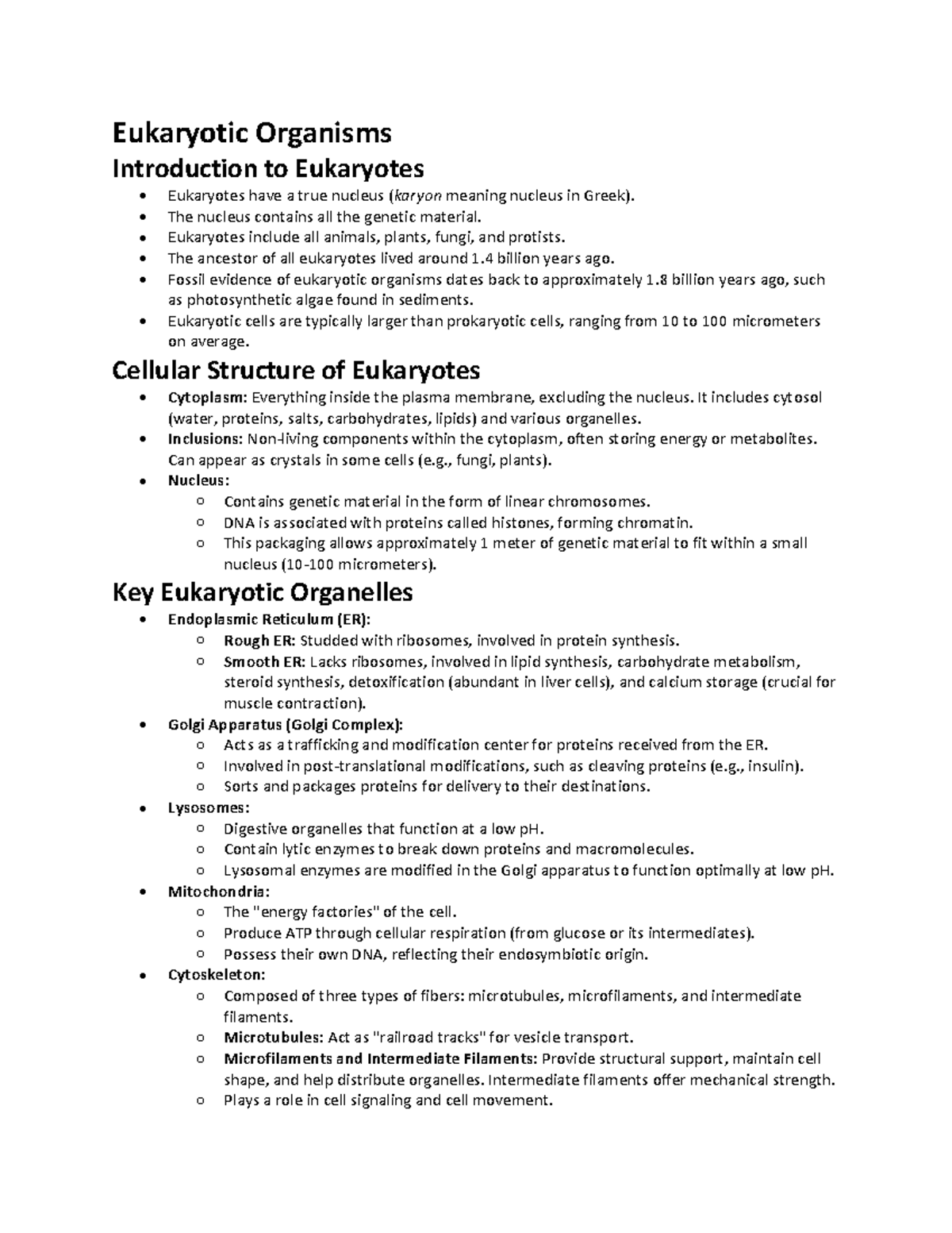 Eukaryotic Organisms Overview - Notes for BIO1130 - Studocu