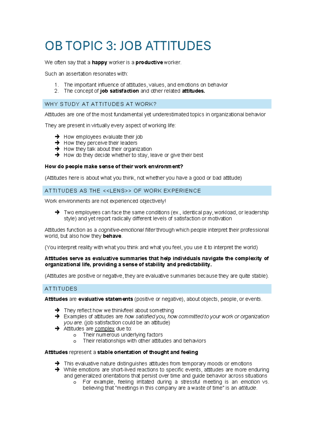 OB 3: Understanding Job Attitudes and Their Impact on Work - Studocu