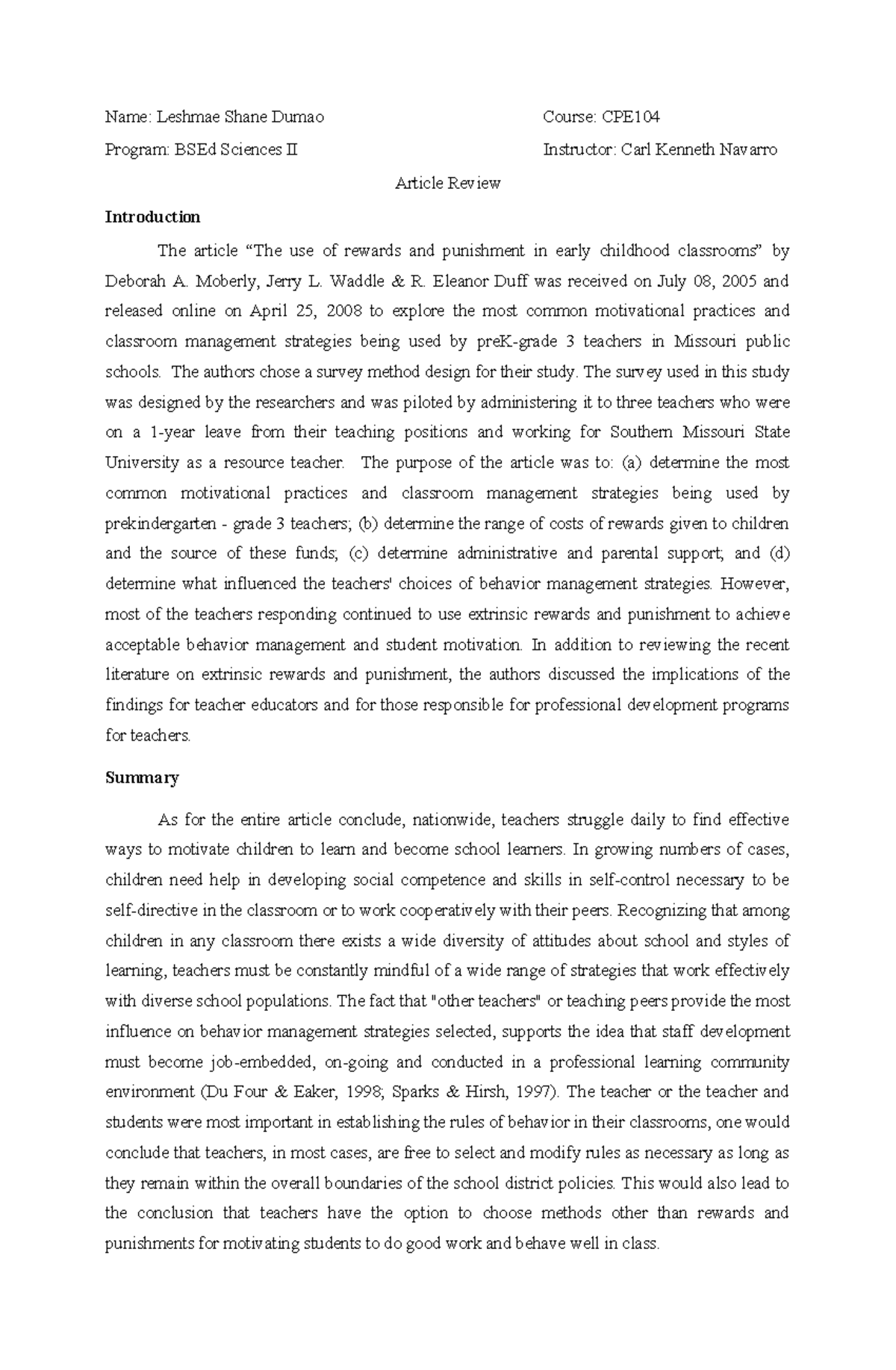 CPE 250 Article Review: Rewards and Punishments in Early Childhood ...