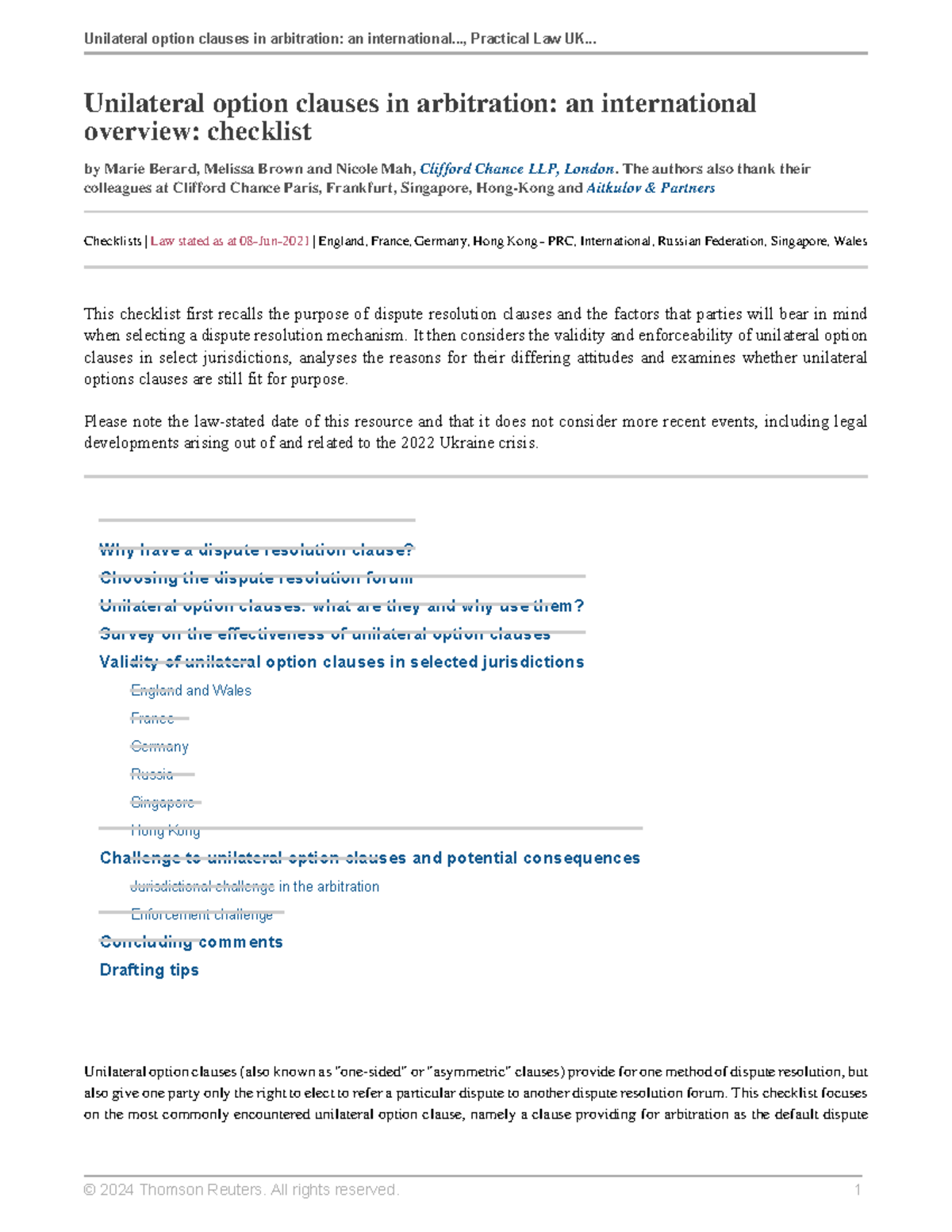 Unilateral Option Clauses in Arbitration: A Global Perspective on ...
