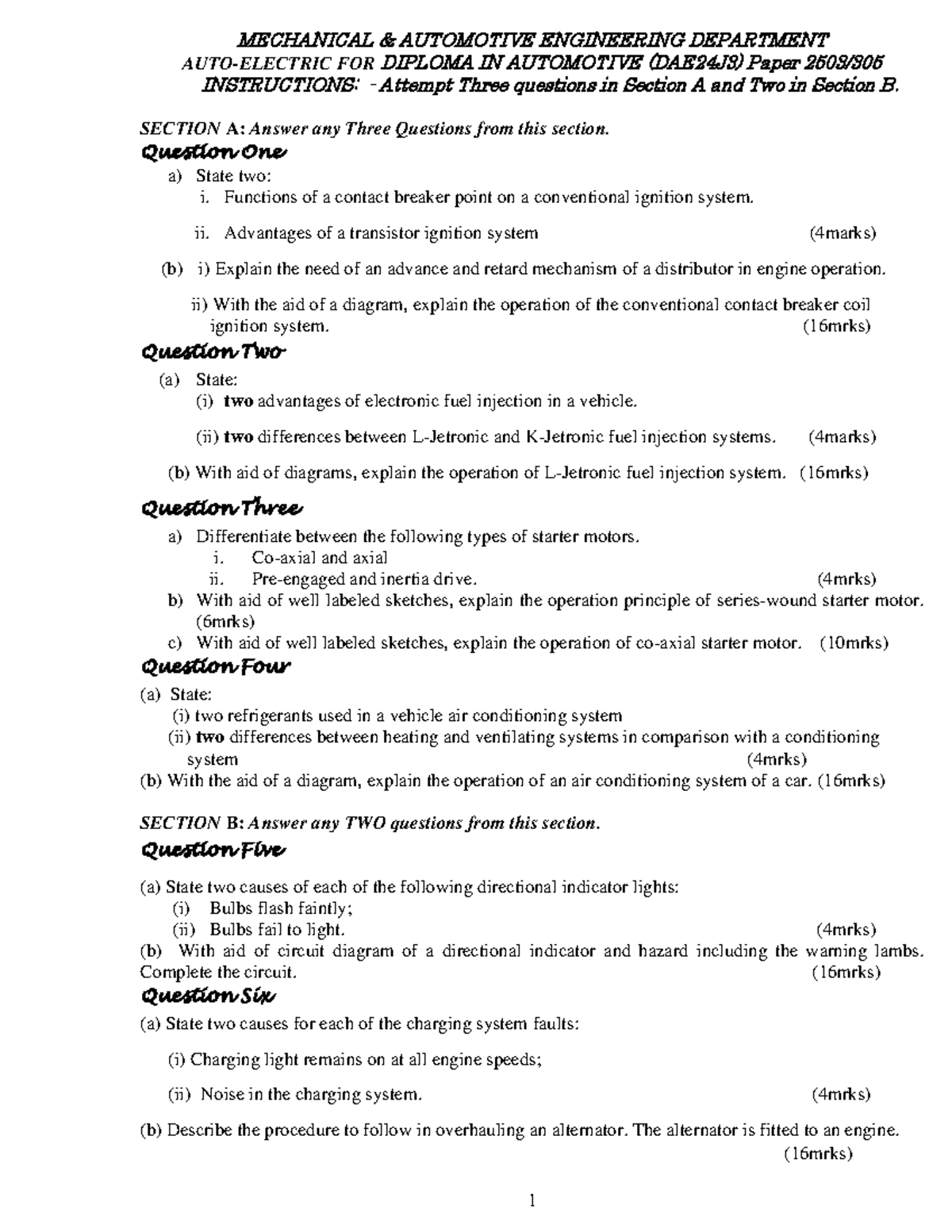 DAE24J3 Auto-Electric Exam Paper 2 - Mechanical & Automotive Eng. - Studocu
