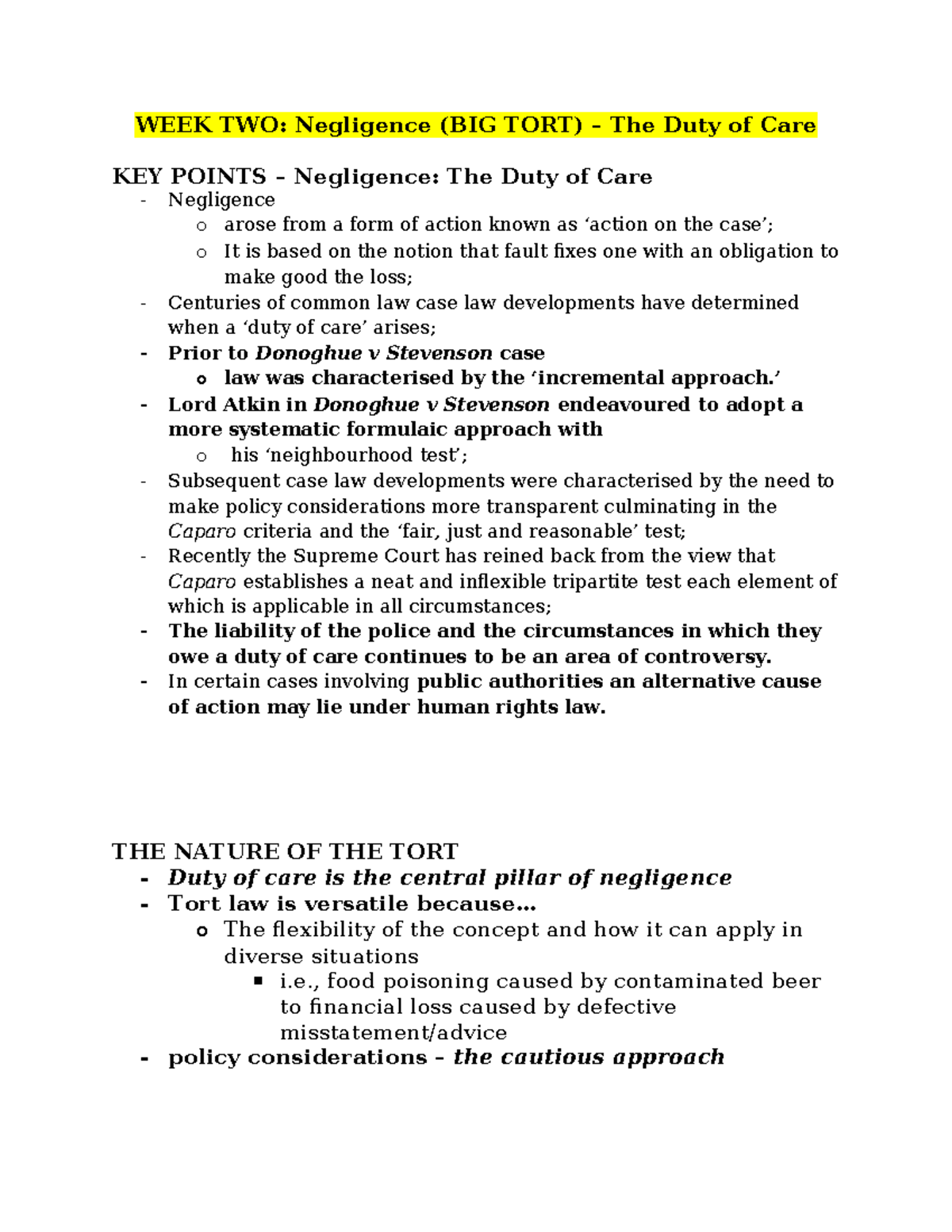 Tort Law - Duty of Care - WEEK TWO: Negligence (BIG TORT) – The Duty of ...