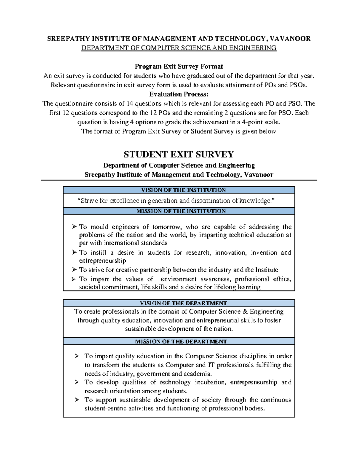 Program Exit Survey Format - CSE Degree Evaluation - Studocu