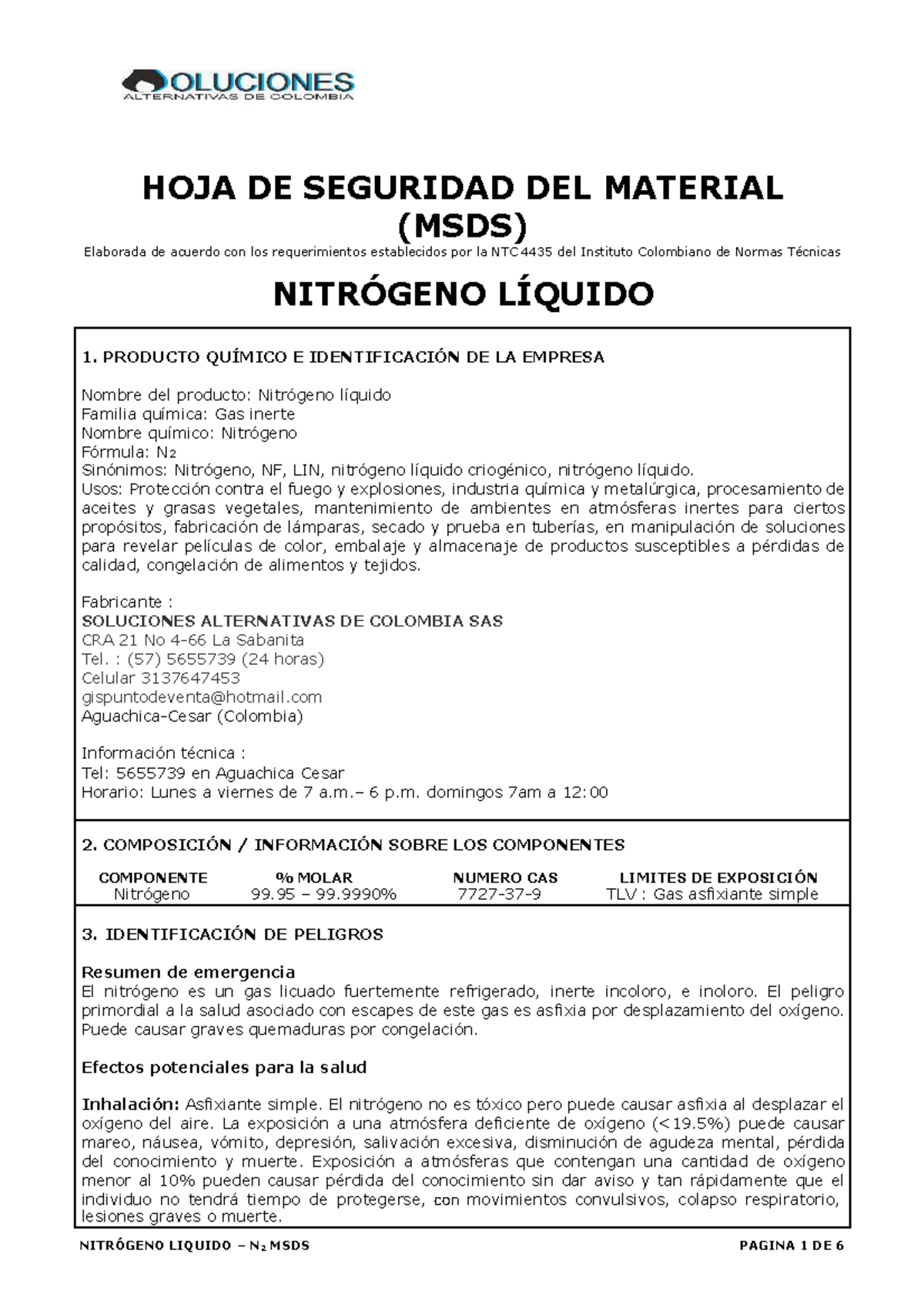 HOJA DE SEGURIDAD DEL NITRÓGENO LÍQUIDO (N2) - MSDS - Studocu